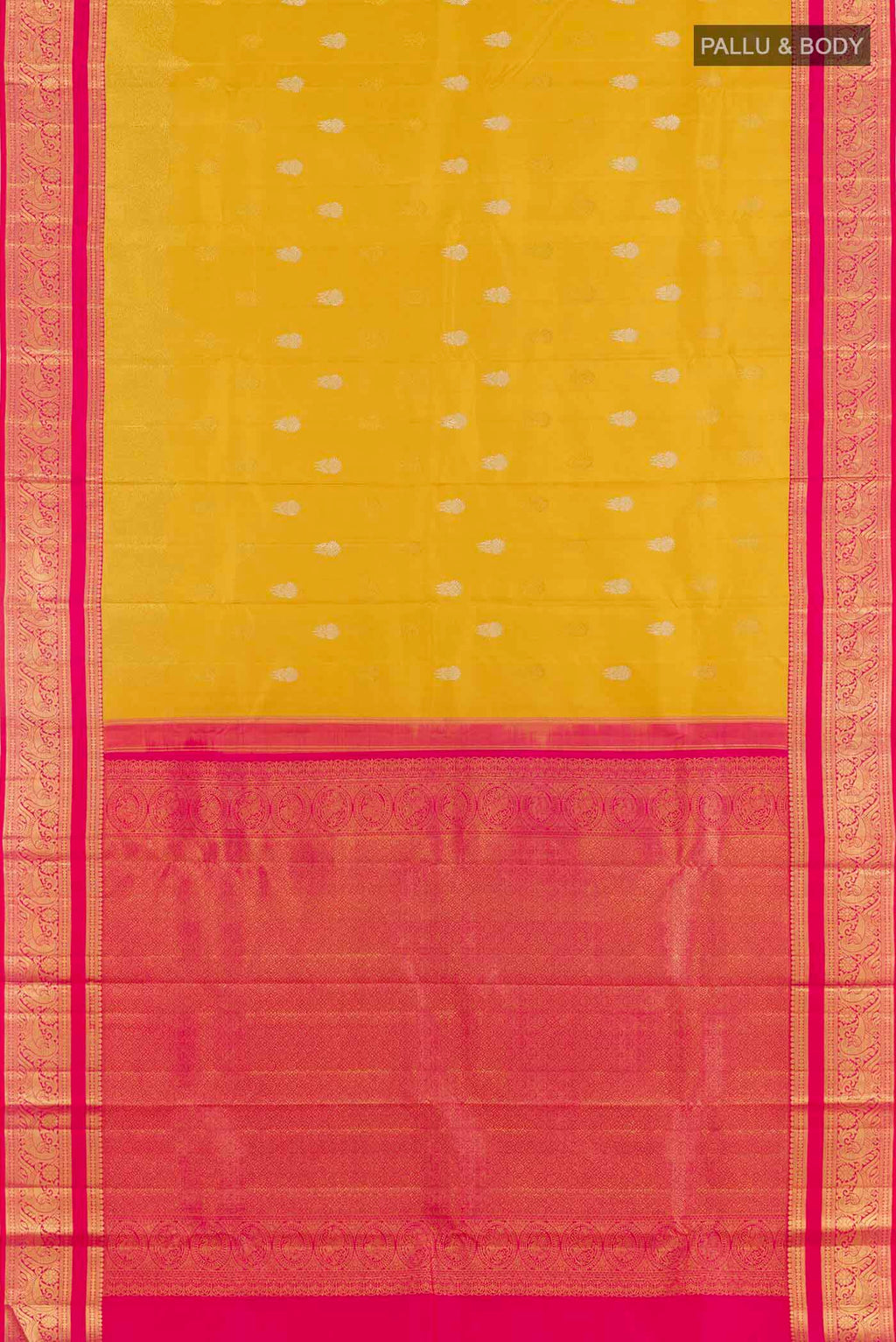 Flat view of Yellow Kanchipuram Silk Saree with Zari Butta on the body and Ganga Jamuna Border. 