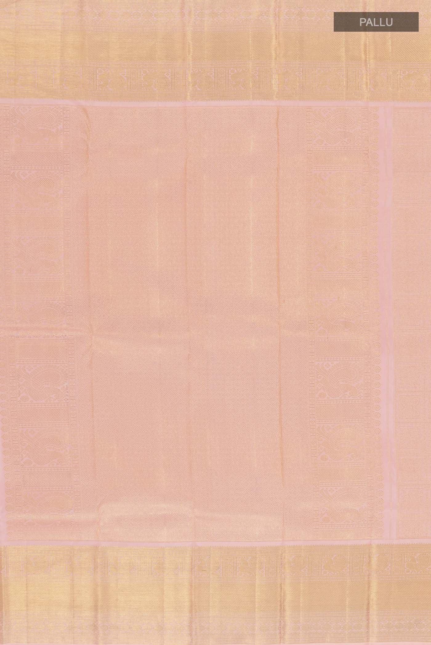 Close up image of the pallu of Pink Kanchipuram Silk Saree with Zari Brocade on the body and Zari Border. 