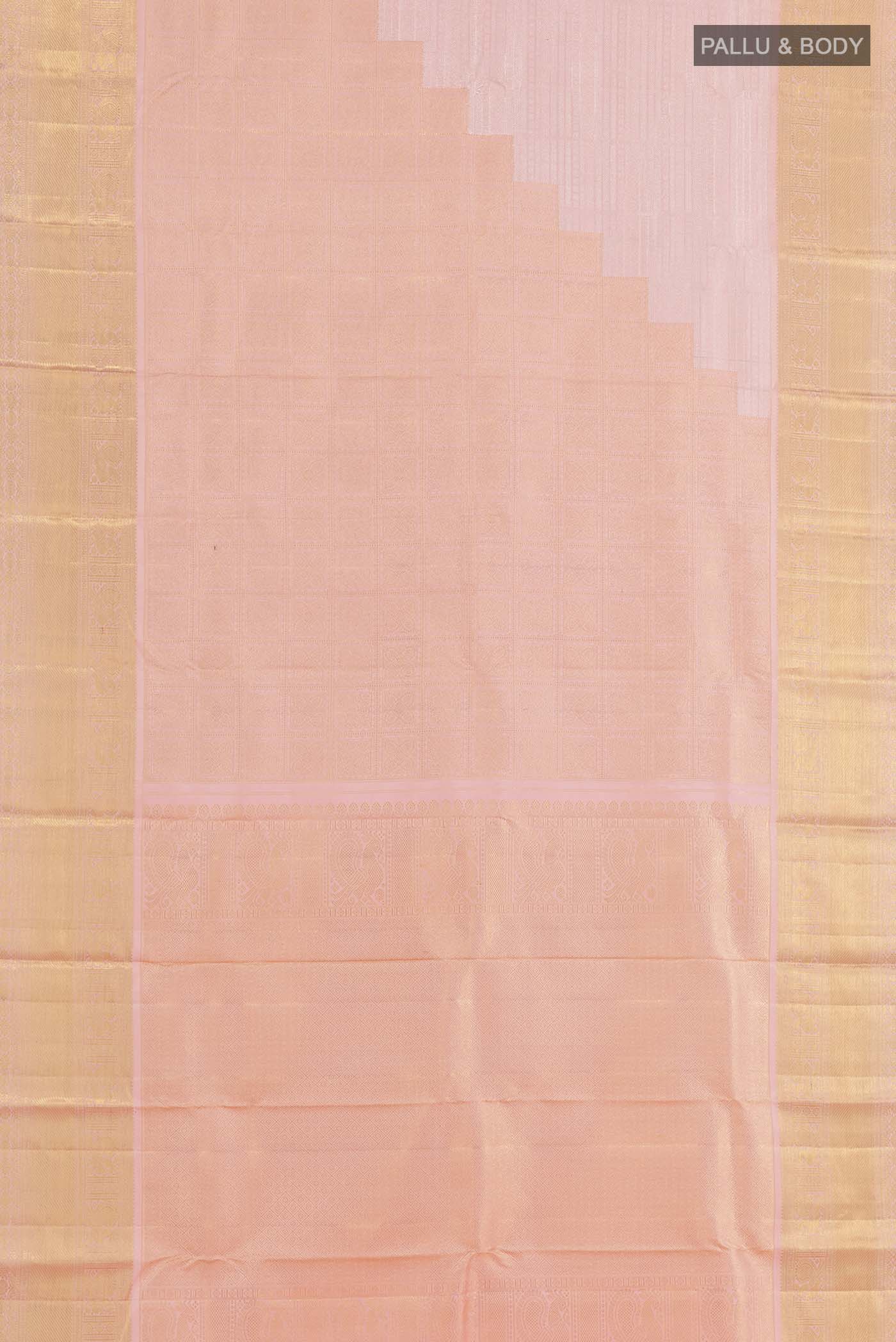 Flat view of Pink Kanchipuram Silk Saree with Zari Brocade on the body and Zari Border. 