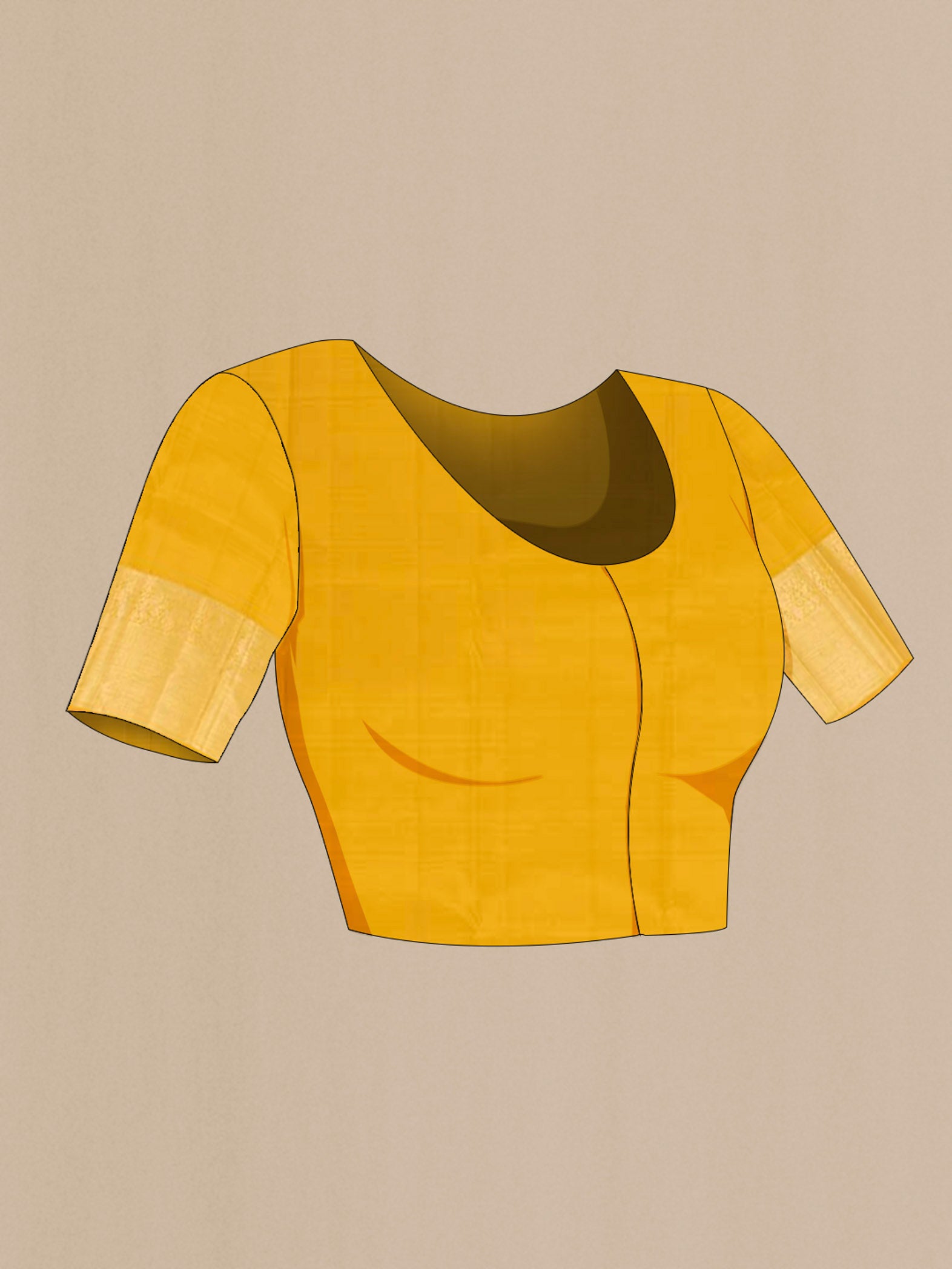 Close up image of the blouse of Yellow Kanjivaram Silk Saree with Zari Brocade on the body and Zari Border. 