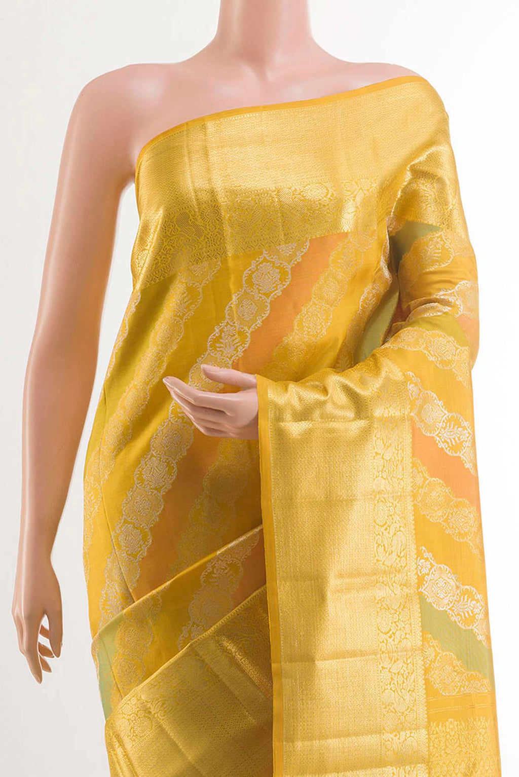 Border image of Yellow Kanjivaram Silk Saree with Zari Brocade on the body and Zari Border. 