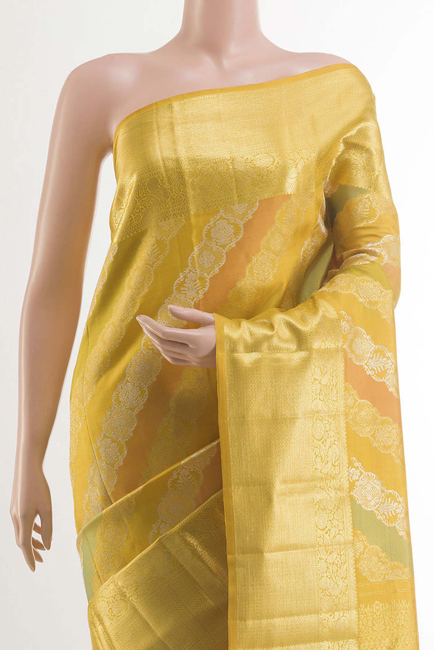 Border image of Yellow Kanjivaram Silk Saree with Zari Brocade on the body and Zari Border. 