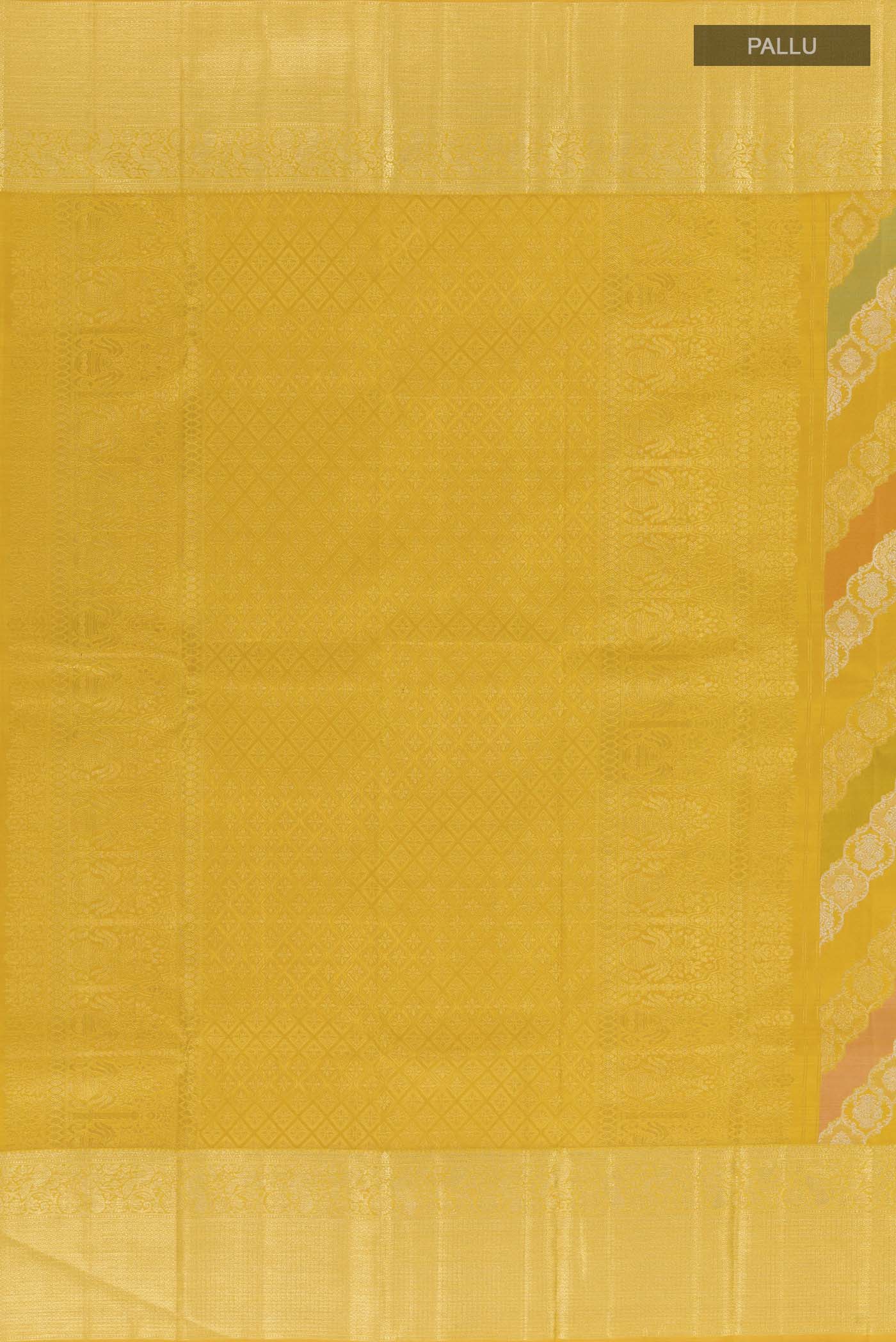 Close up image of the pallu of Yellow Kanjivaram Silk Saree with Zari Brocade on the body and Zari Border. 