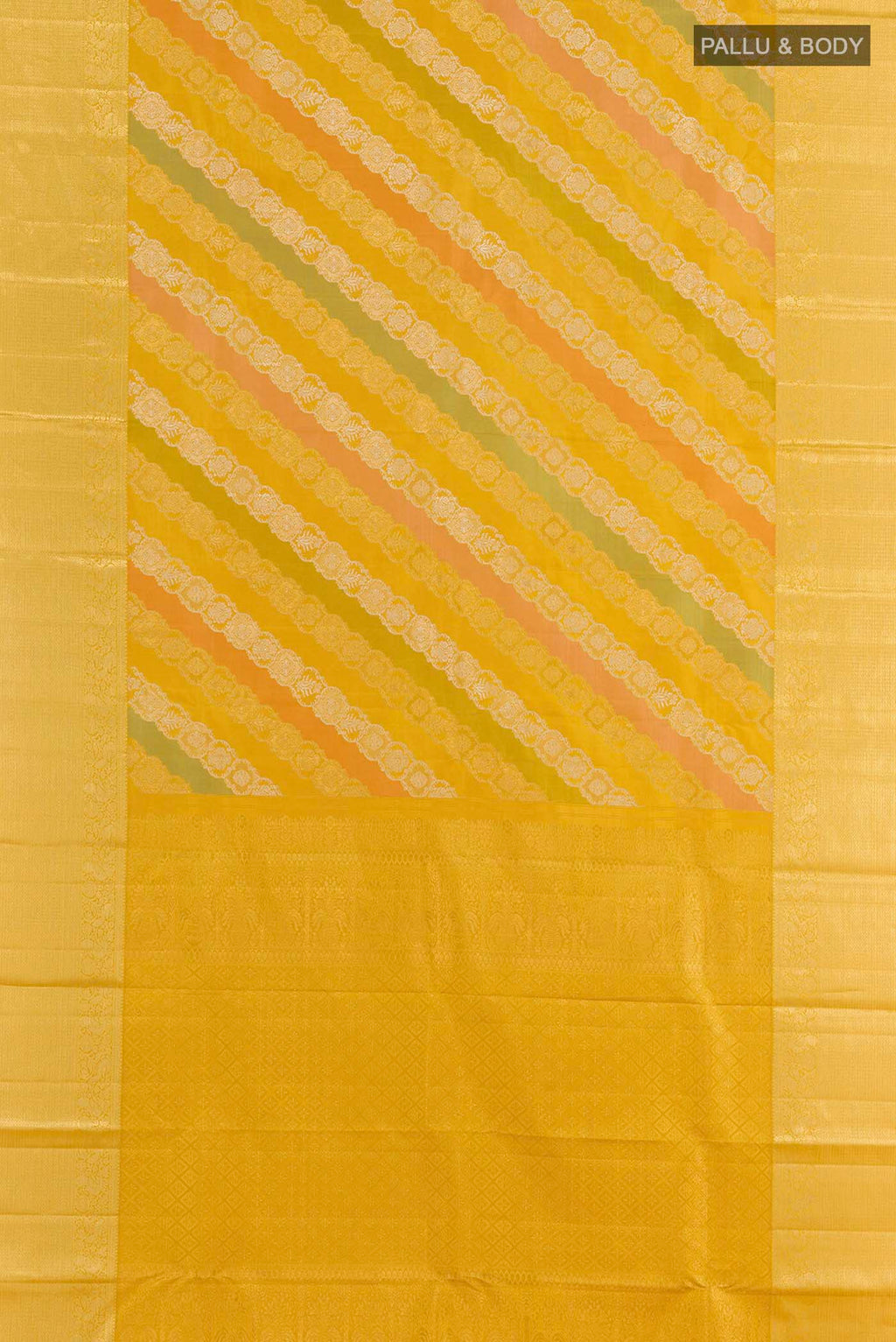 Flat view of Yellow Kanjivaram Silk Saree with Zari Brocade on the body and Zari Border. 