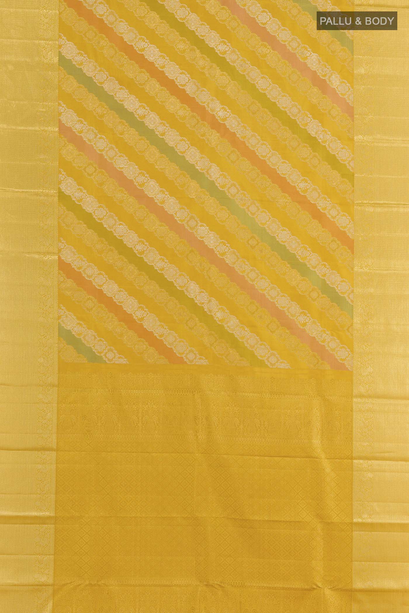 Flat view of Yellow Kanjivaram Silk Saree with Zari Brocade on the body and Zari Border. 