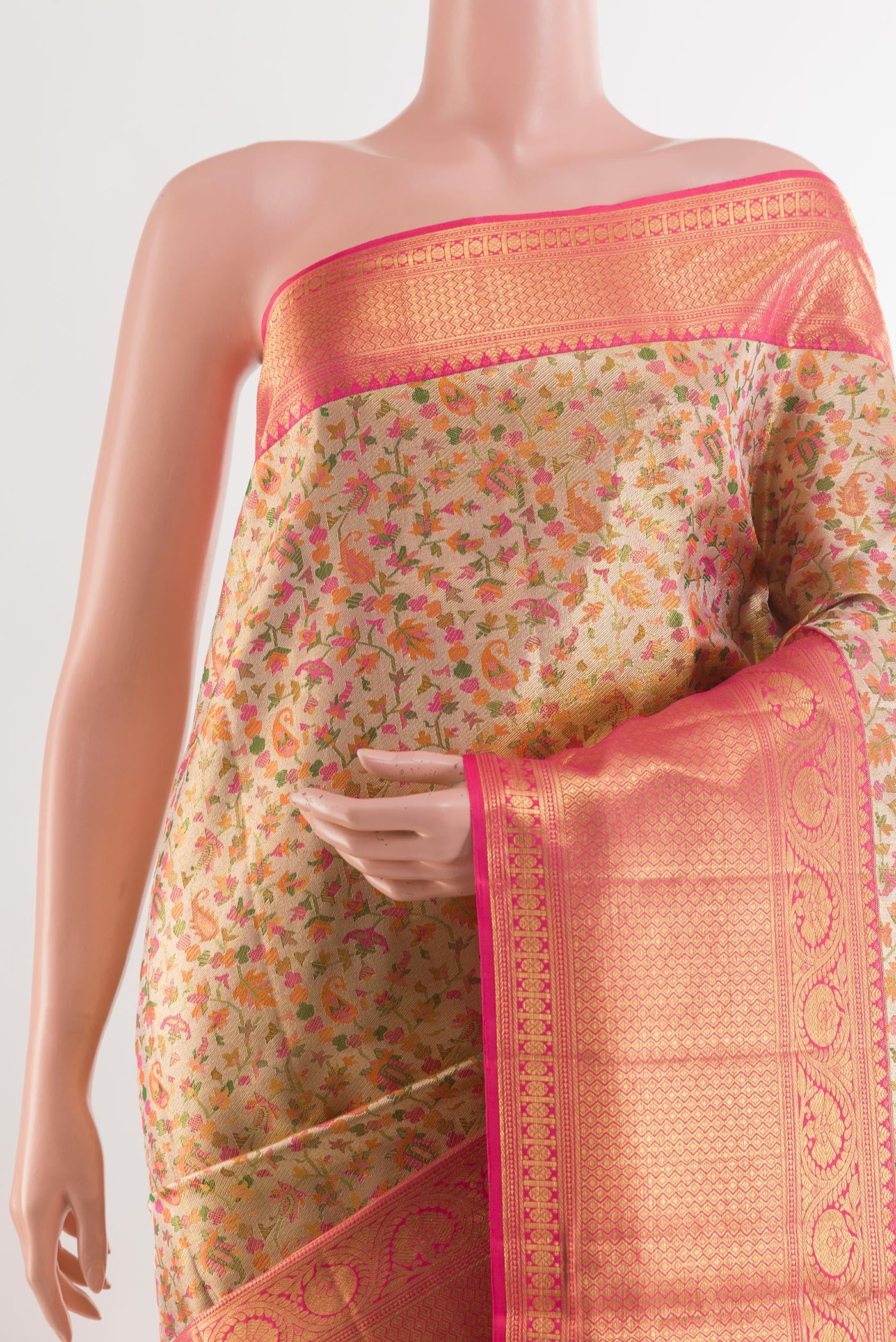 Border image of Multi Color Kanjivaram Tissue Silk Saree with Zari Brocade on the body and Zari Border. 