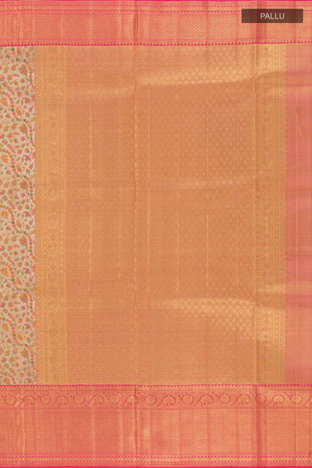 Close up image of the pallu of Multi Color Kanjivaram Tissue Silk Saree with Zari Brocade on the body and Zari Border. 