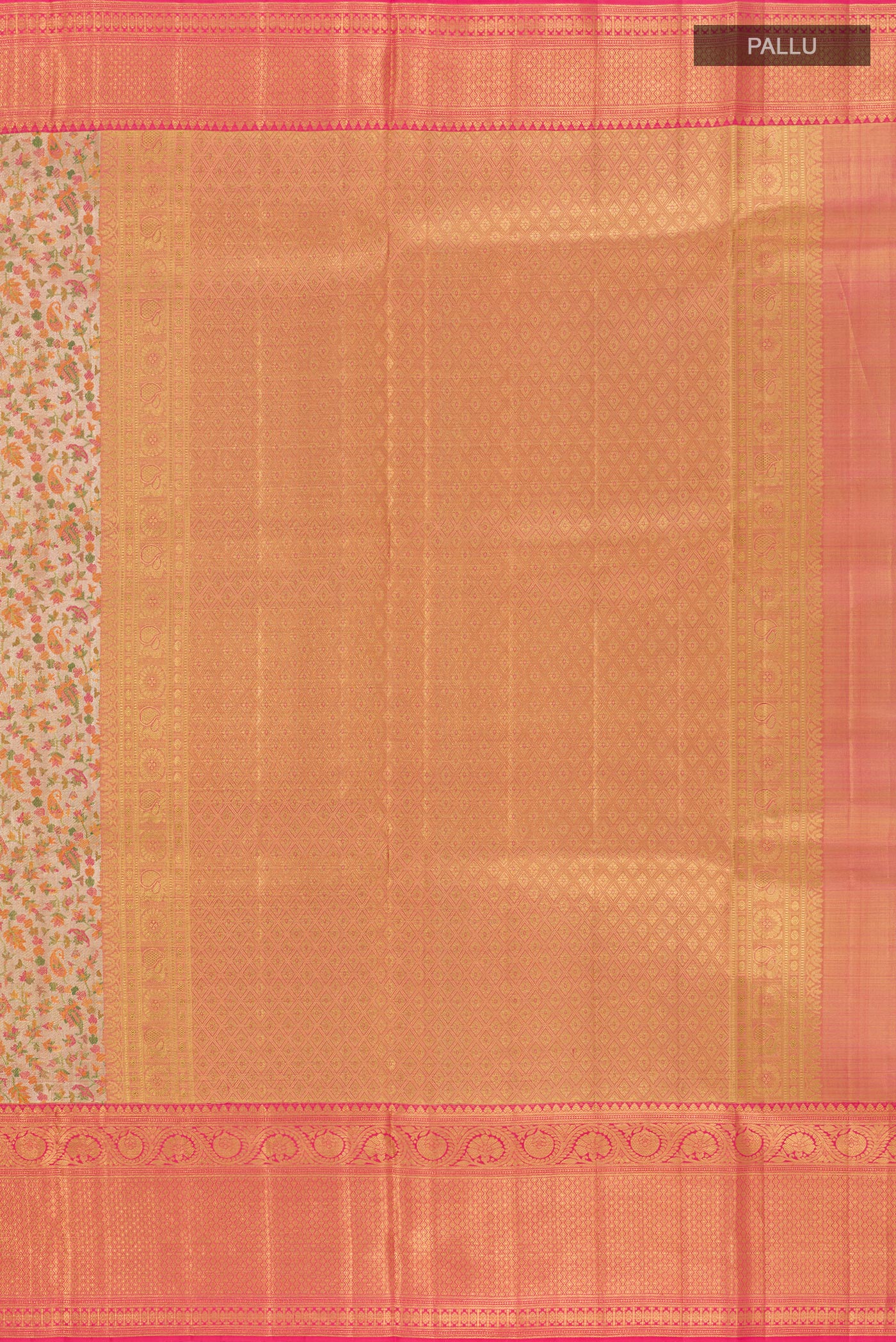 Close up image of the pallu of Multi Color Kanjivaram Tissue Silk Saree with Zari Brocade on the body and Zari Border. 