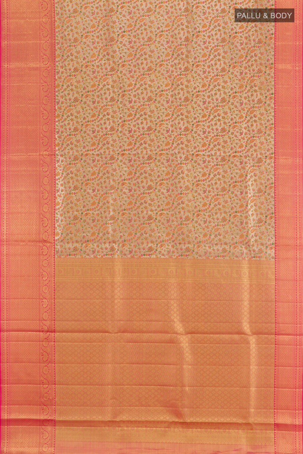 Flat view of Multi Color Kanjivaram Tissue Silk Saree with Zari Brocade on the body and Zari Border. 