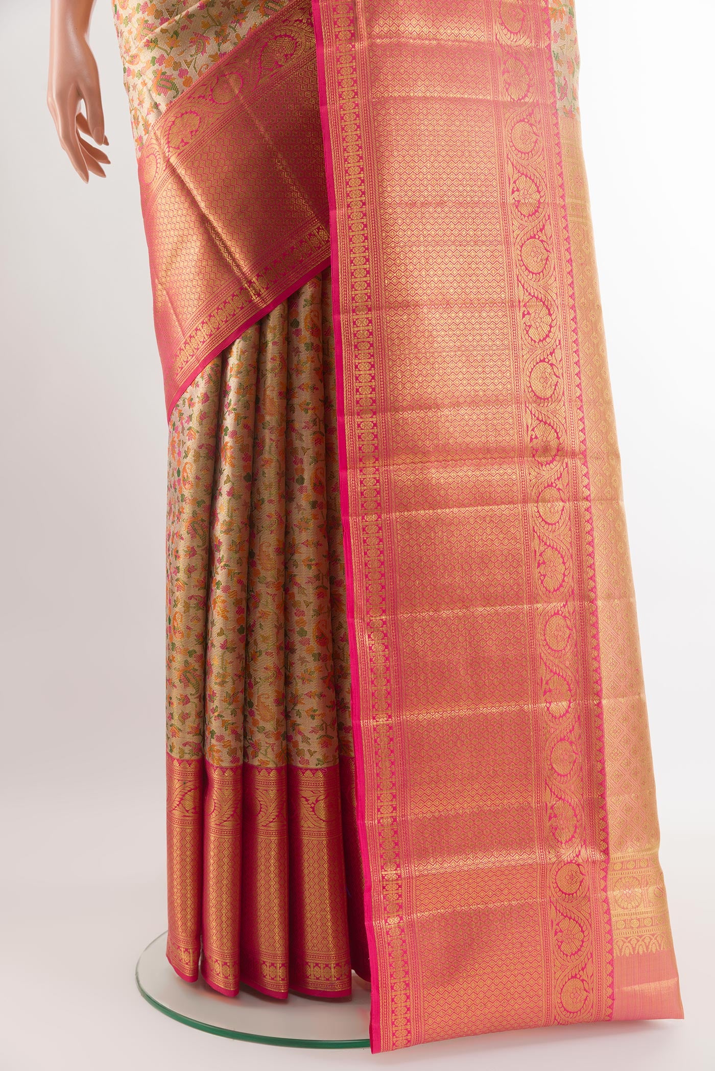 Pleats and pallu of Multi Color Kanjivaram Tissue Silk Saree with Zari Brocade on the body and Zari Border. 