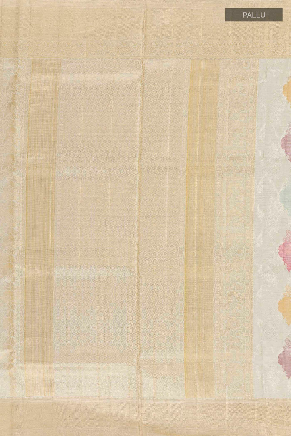 Close up image of the pallu of Pure Silk Pure Zari Off White Kanjivaram Tissue Saree with Zari Brocade on the body and Zari Border. 