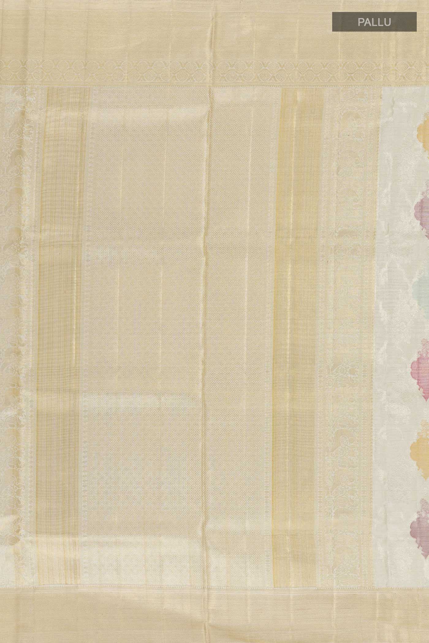 Close up image of the pallu of Pure Silk Pure Zari Off White Kanjivaram Tissue Saree with Zari Brocade on the body and Zari Border. 