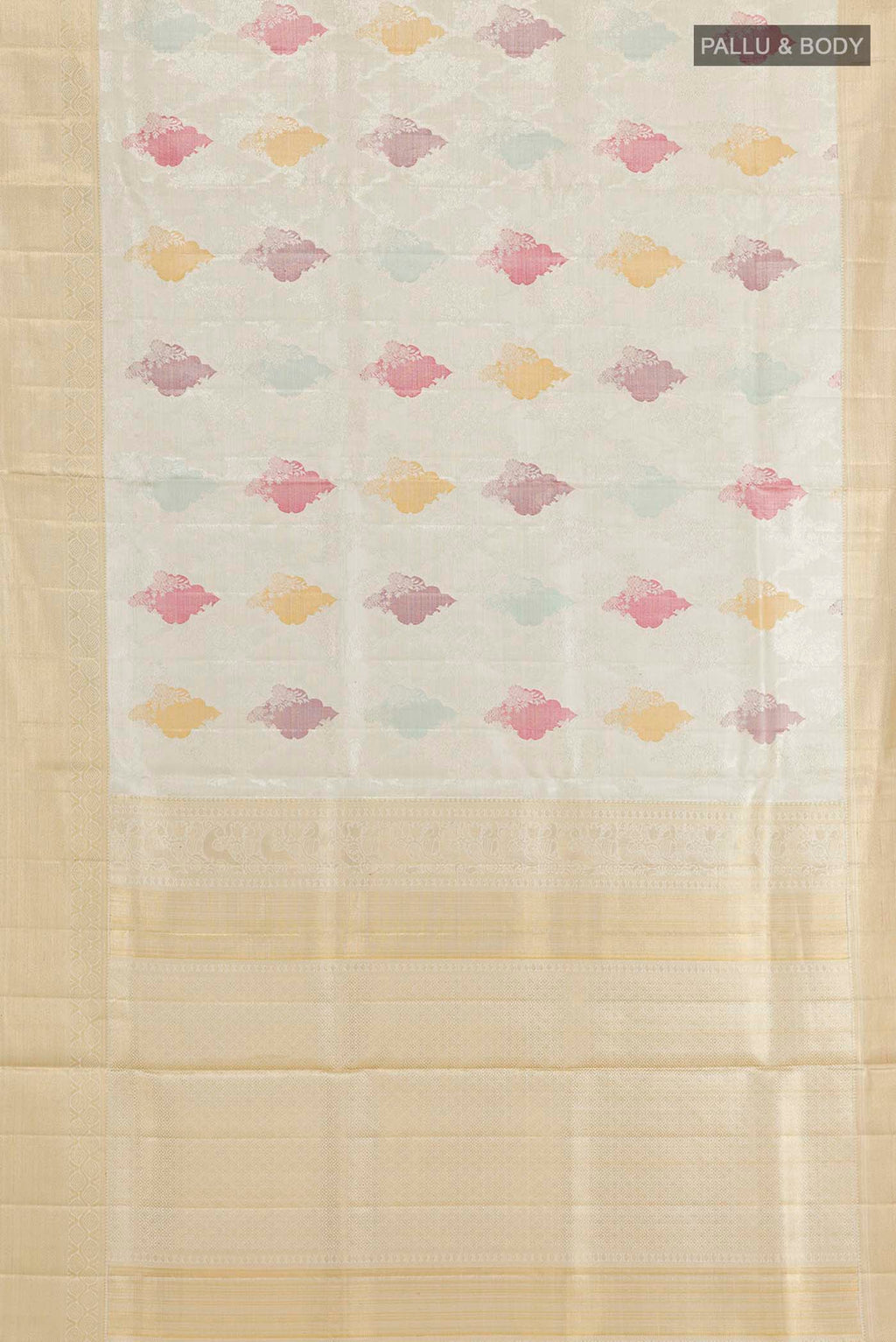 Flat view of Pure Silk Pure Zari Off White Kanjivaram Tissue Saree with Zari Brocade on the body and Zari Border. 
