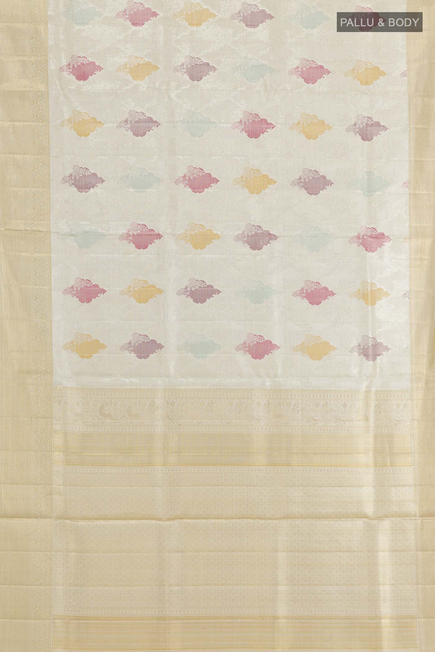 Flat view of Pure Silk Pure Zari Off White Kanjivaram Tissue Saree with Zari Brocade on the body and Zari Border. 