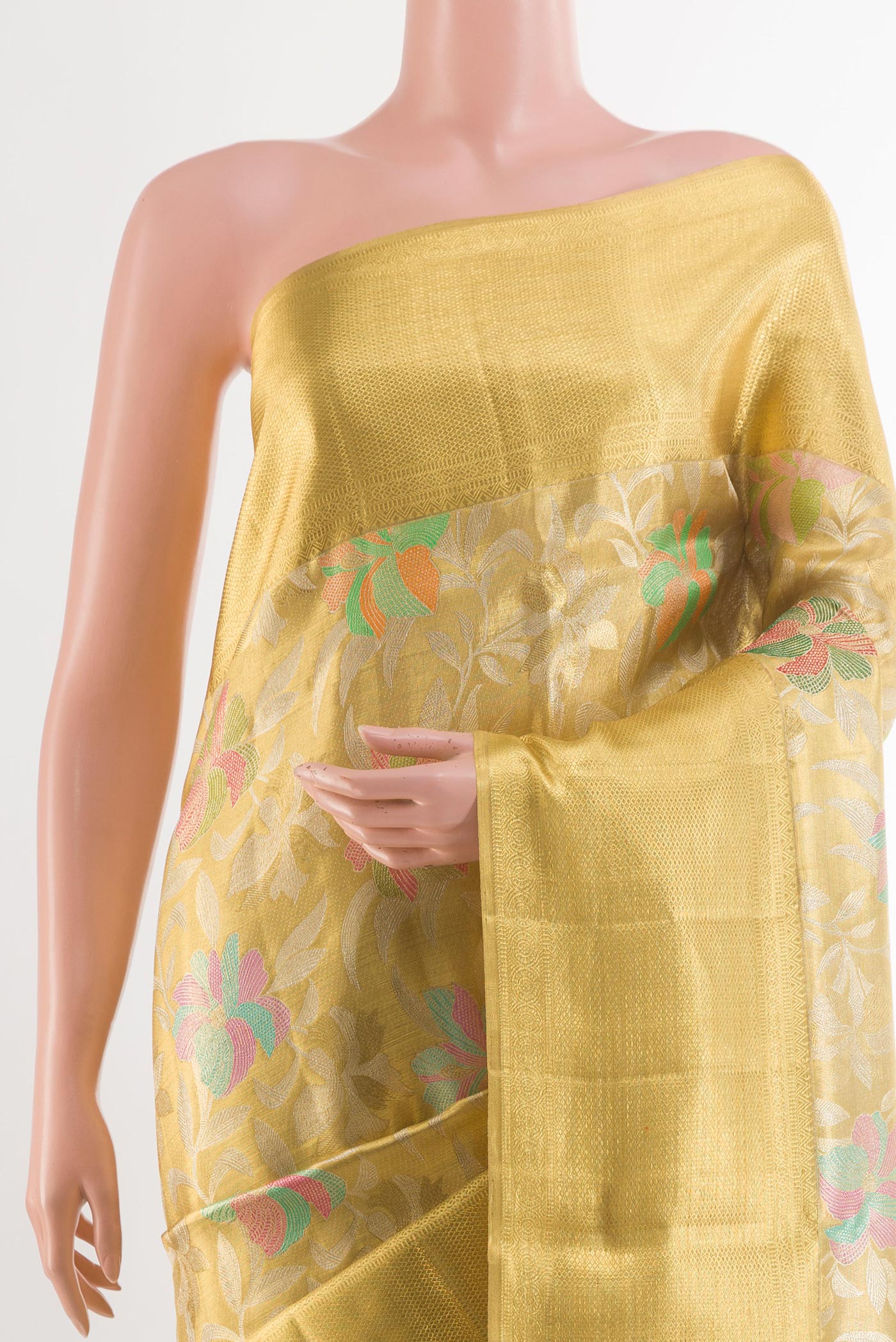 Border image of Golden Kanjivaram Tissue Silk Saree with Zari Brocade on the body and Zari Border. 