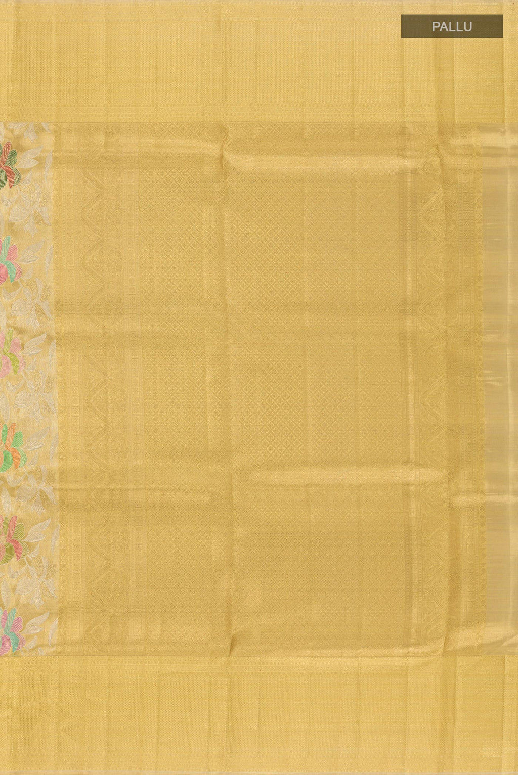Close up image of the pallu of Golden Kanjivaram Tissue Silk Saree with Zari Brocade on the body and Zari Border. 