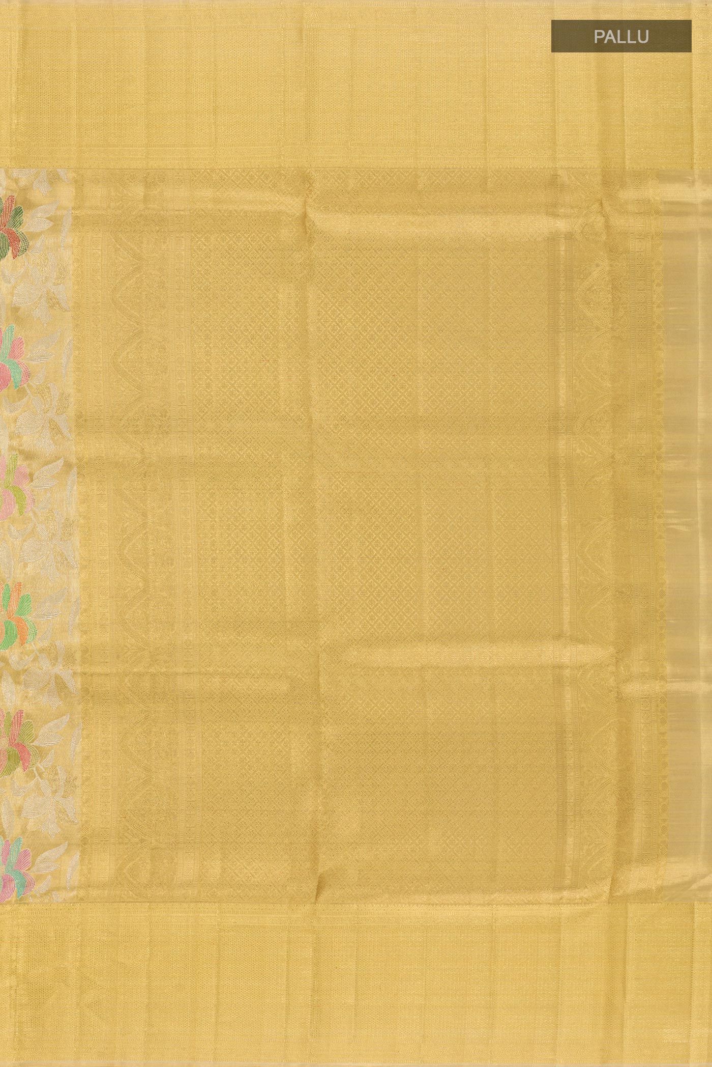 Close up image of the pallu of Golden Kanjivaram Tissue Silk Saree with Zari Brocade on the body and Zari Border. 