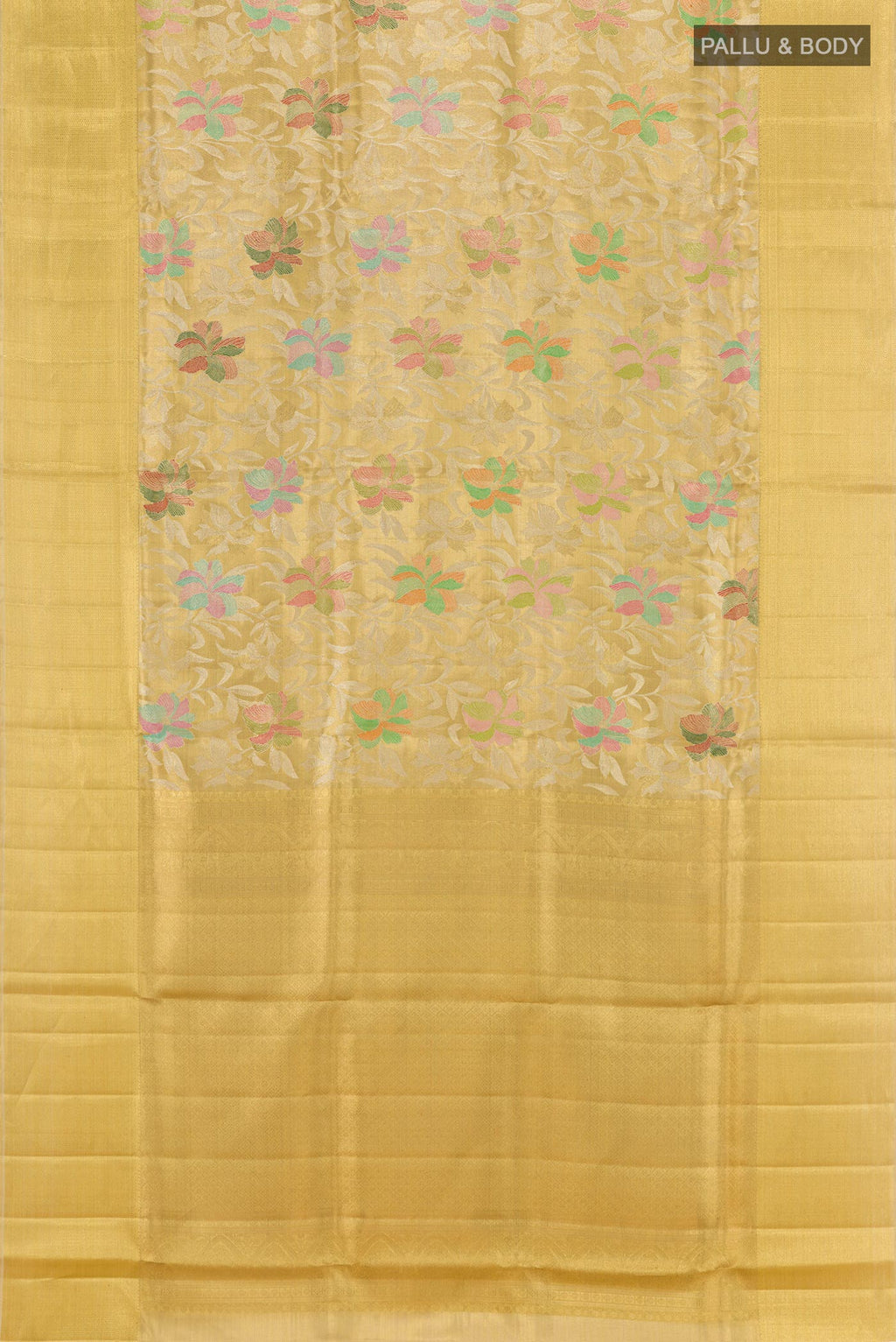 Flat view of Golden Kanjivaram Tissue Silk Saree with Zari Brocade on the body and Zari Border. 