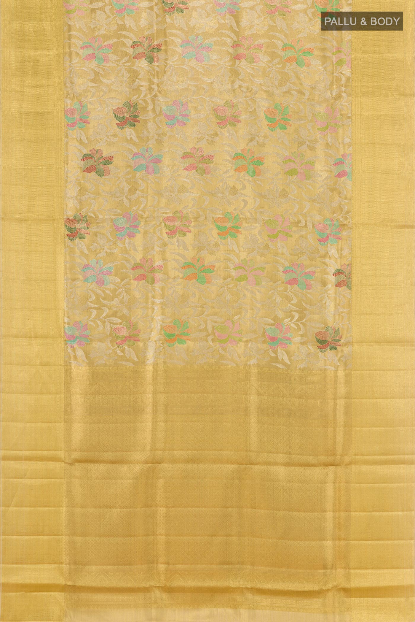 Flat view of Golden Kanjivaram Tissue Silk Saree with Zari Brocade on the body and Zari Border. 