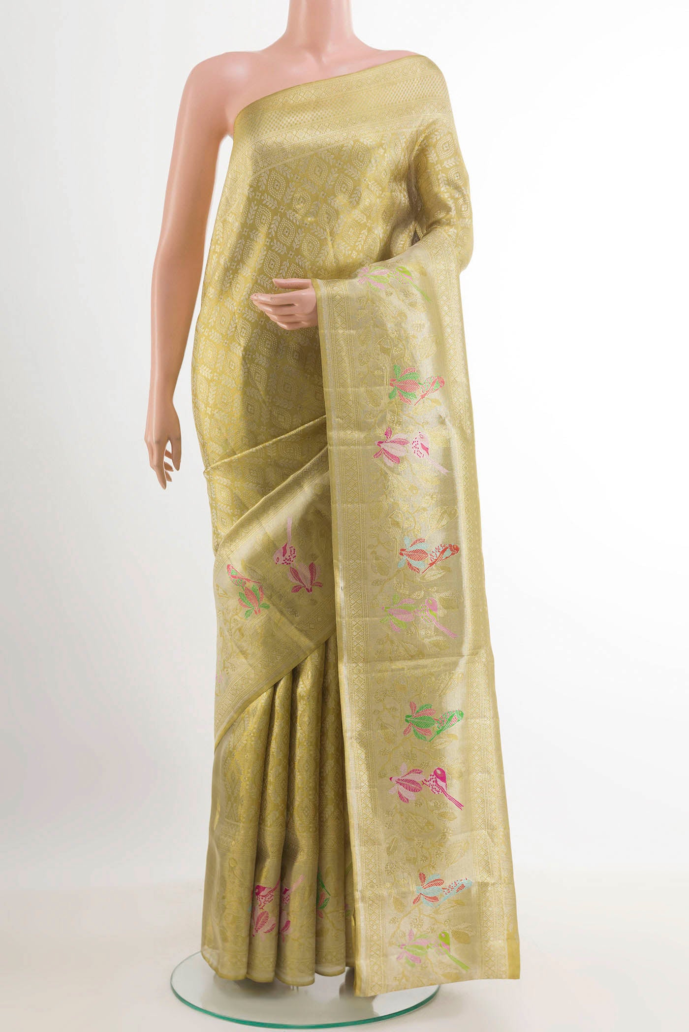 Pure Silk Pure Zari Golden Kanjivaram Tissue Saree with Zari Brocade on the body and Zari Border.  displayed on a mannequin