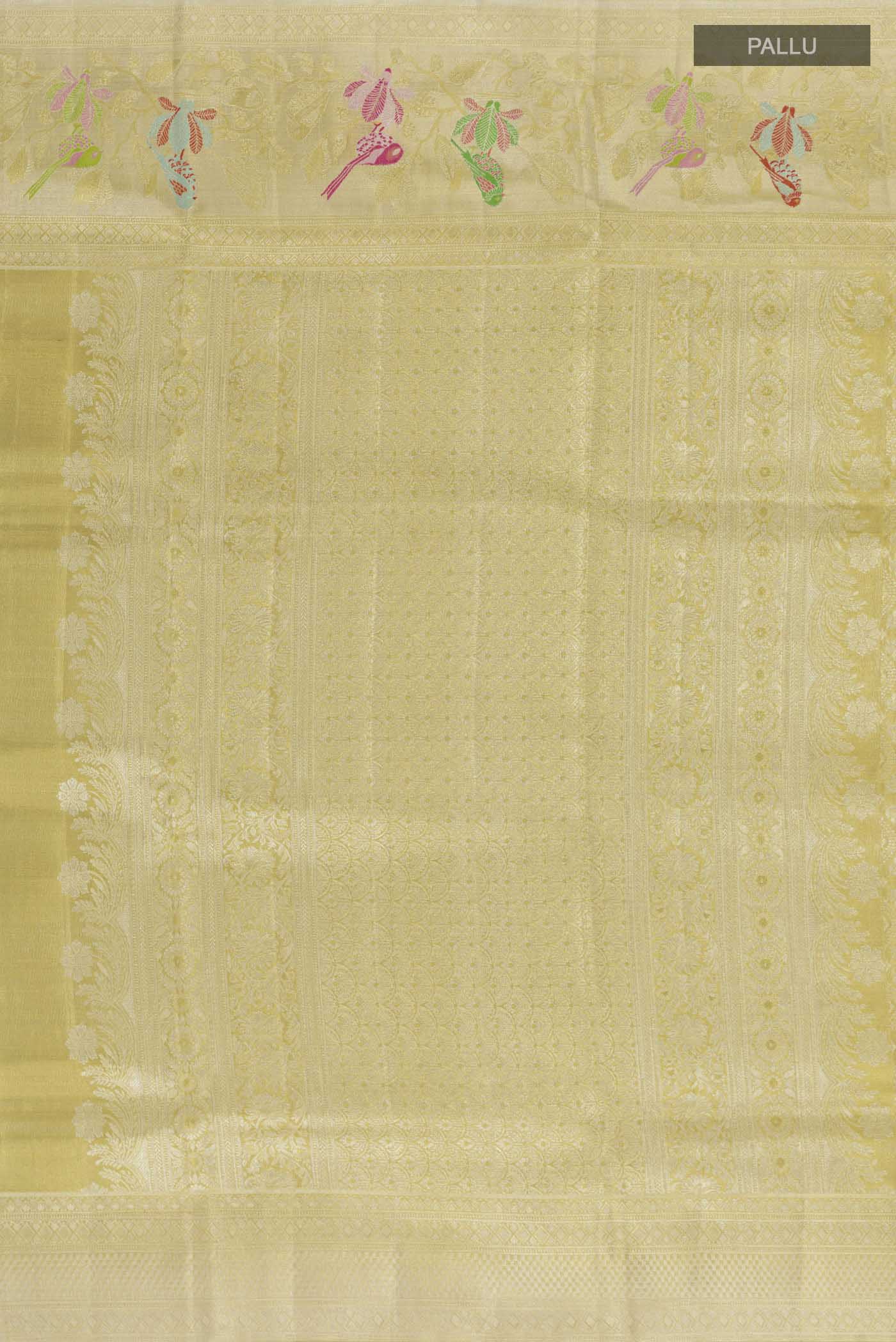 Close up image of the pallu of Pure Silk Pure Zari Golden Kanjivaram Tissue Saree with Zari Brocade on the body and Zari Border. 