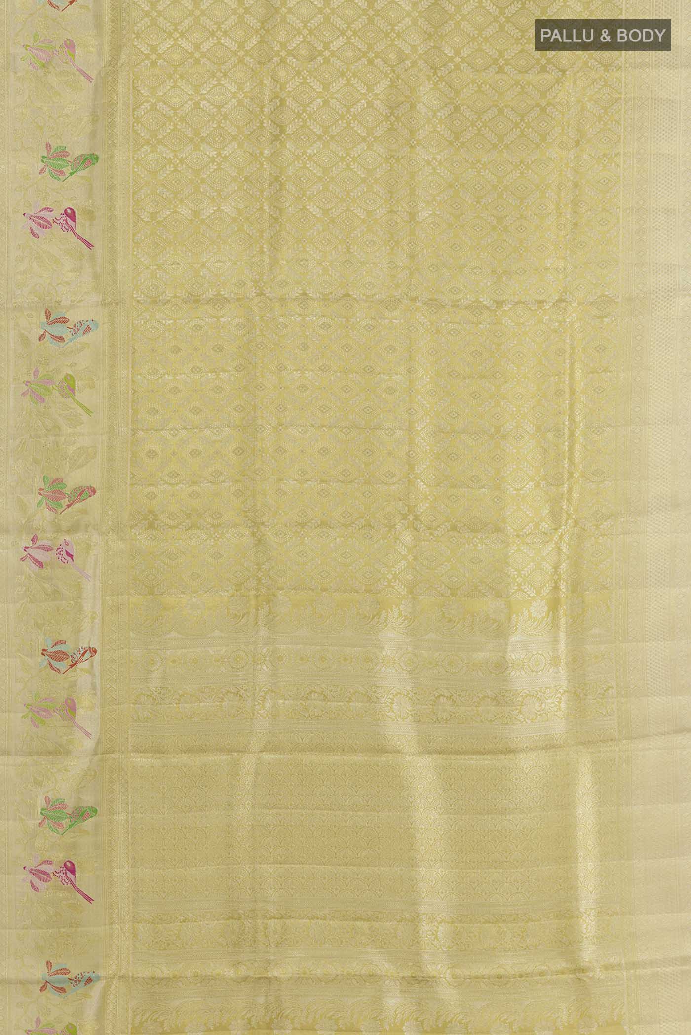 Flat view of Pure Silk Pure Zari Golden Kanjivaram Tissue Saree with Zari Brocade on the body and Zari Border. 