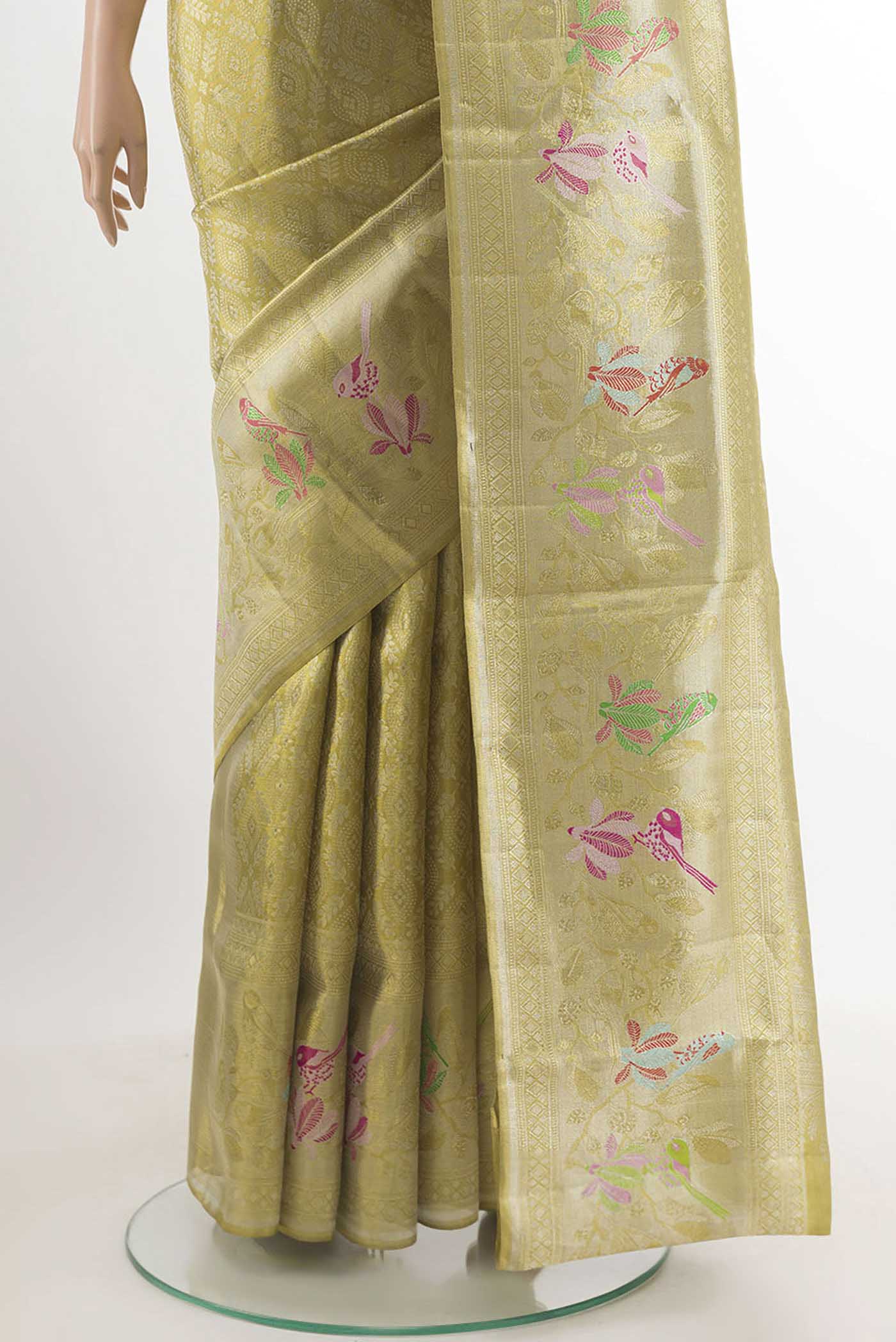 Pleats and pallu of Pure Silk Pure Zari Golden Kanjivaram Tissue Saree with Zari Brocade on the body and Zari Border. 