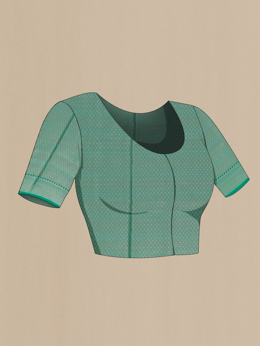 Close up image of the blouse of Sea Green Tussar Silk Saree with Zari Brocade on the body and Zari Border. 