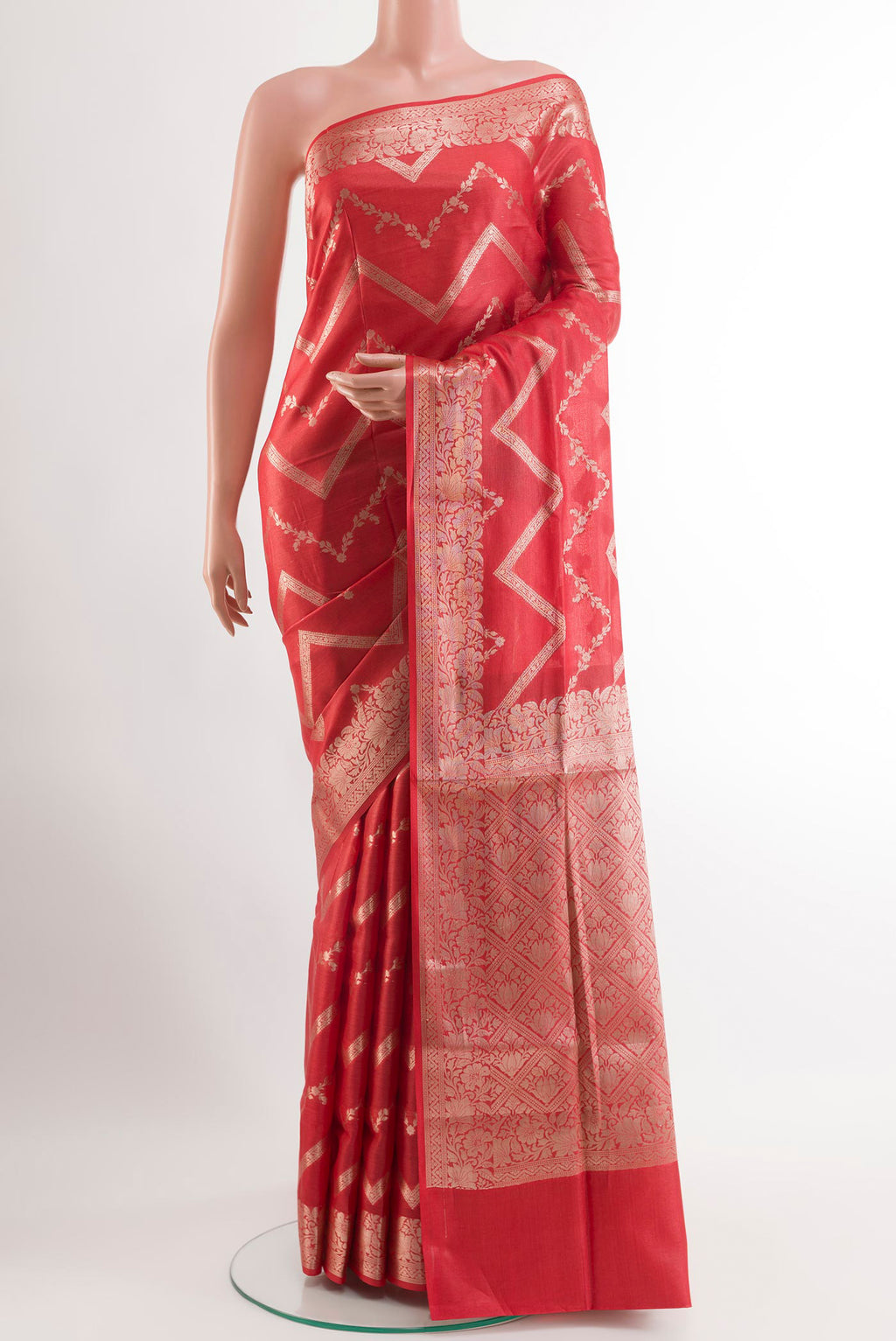 Red Tussar Silk Saree with Zari Brocade on the body and Zari Border.  displayed on a mannequin