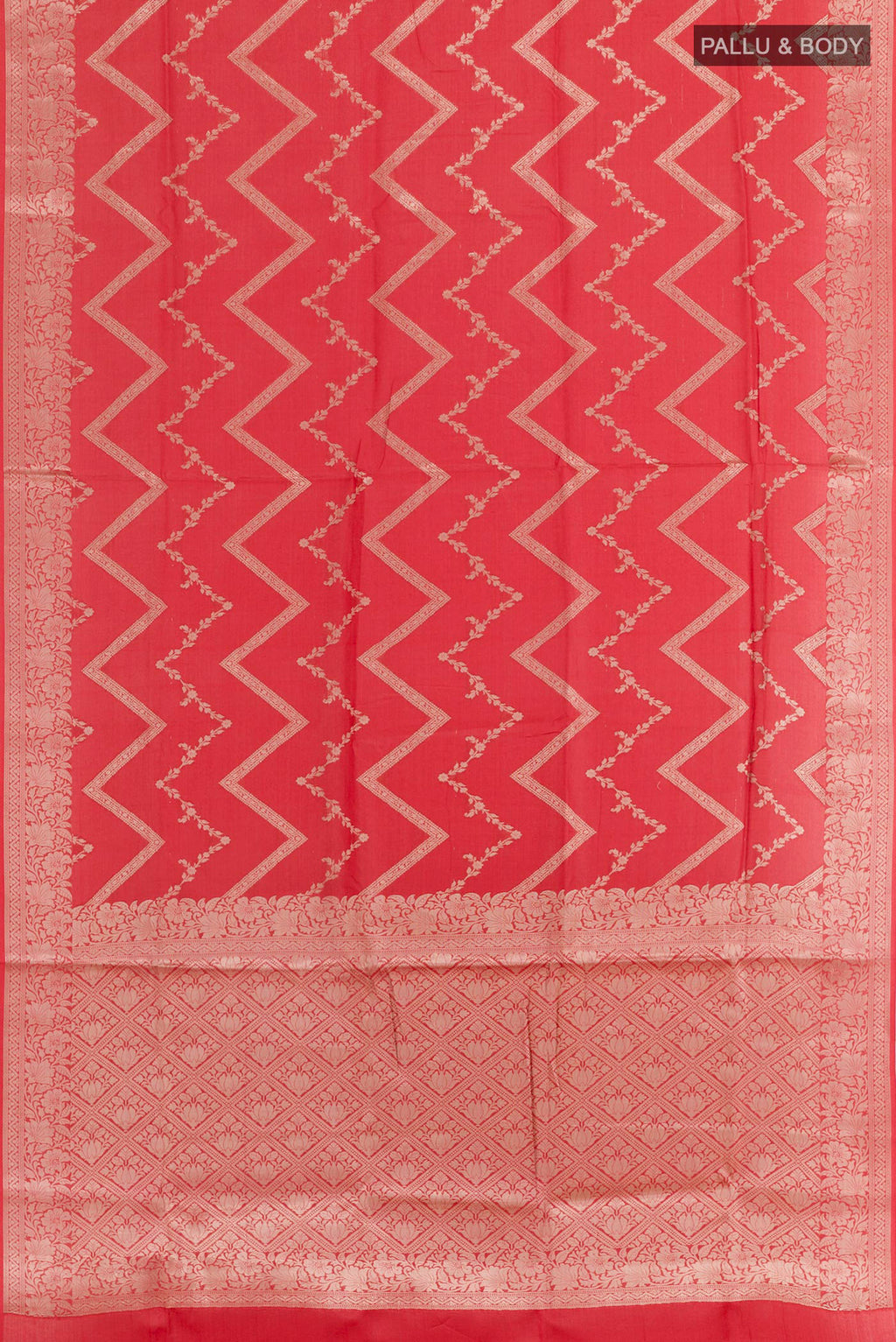 Flat view of Red Tussar Silk Saree with Zari Brocade on the body and Zari Border. 