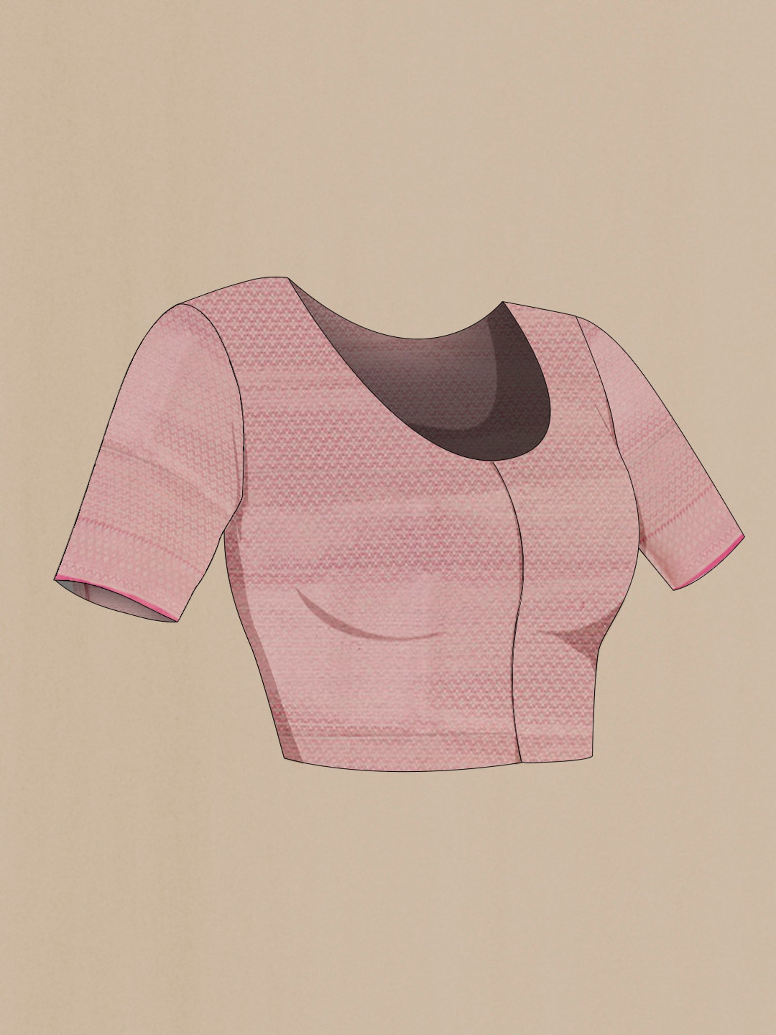 Close up image of the blouse of Pink Tussar Silk Saree with Zari Brocade on the body and Zari Border. 