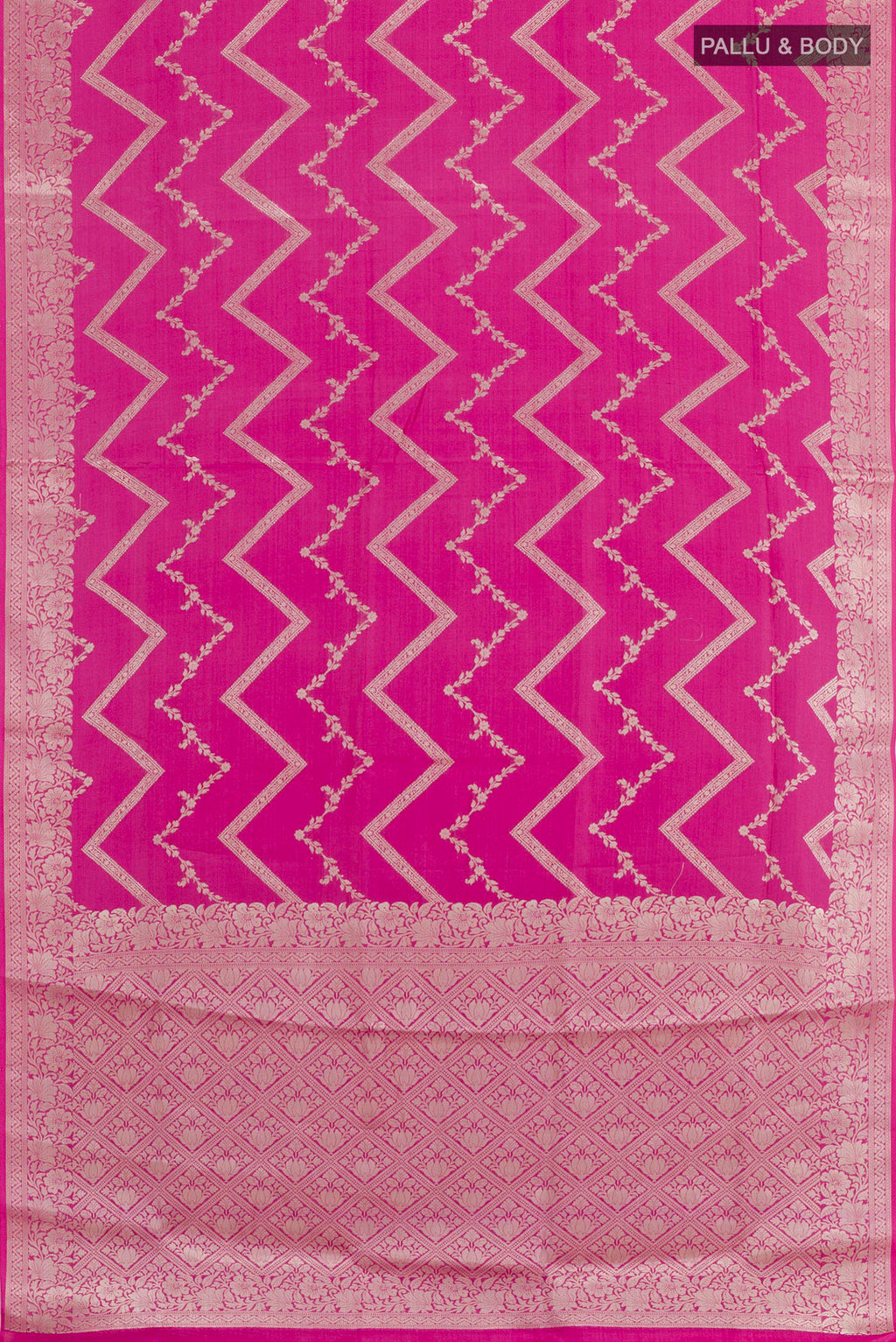 Flat view of Pink Tussar Silk Saree with Zari Brocade on the body and Zari Border. 