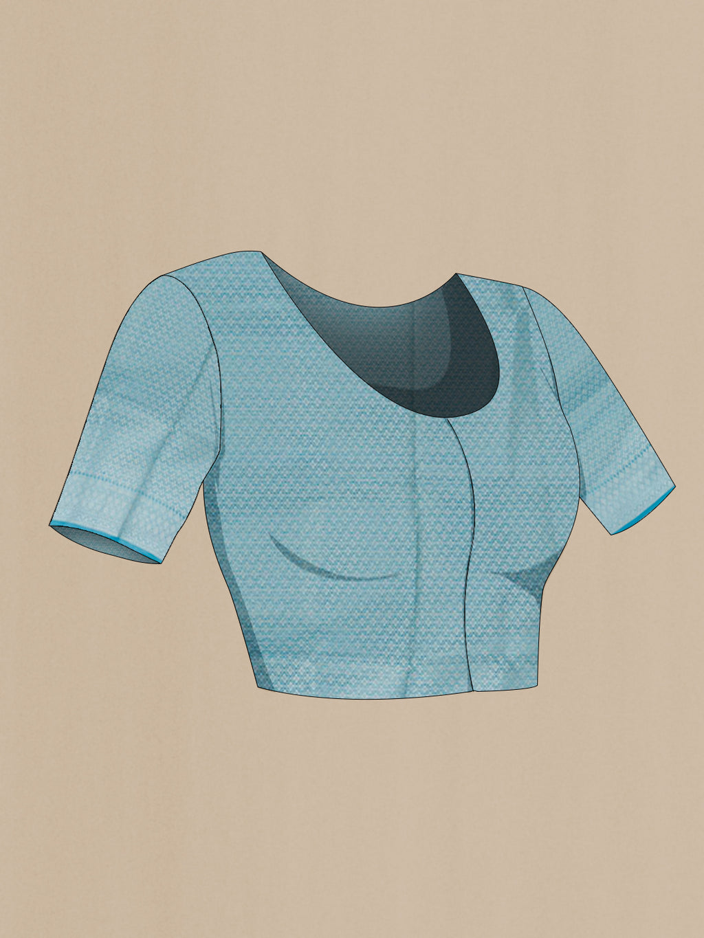 Close up image of the blouse of Blue Tussar Silk Saree with Zari Brocade on the body and Zari Border. 