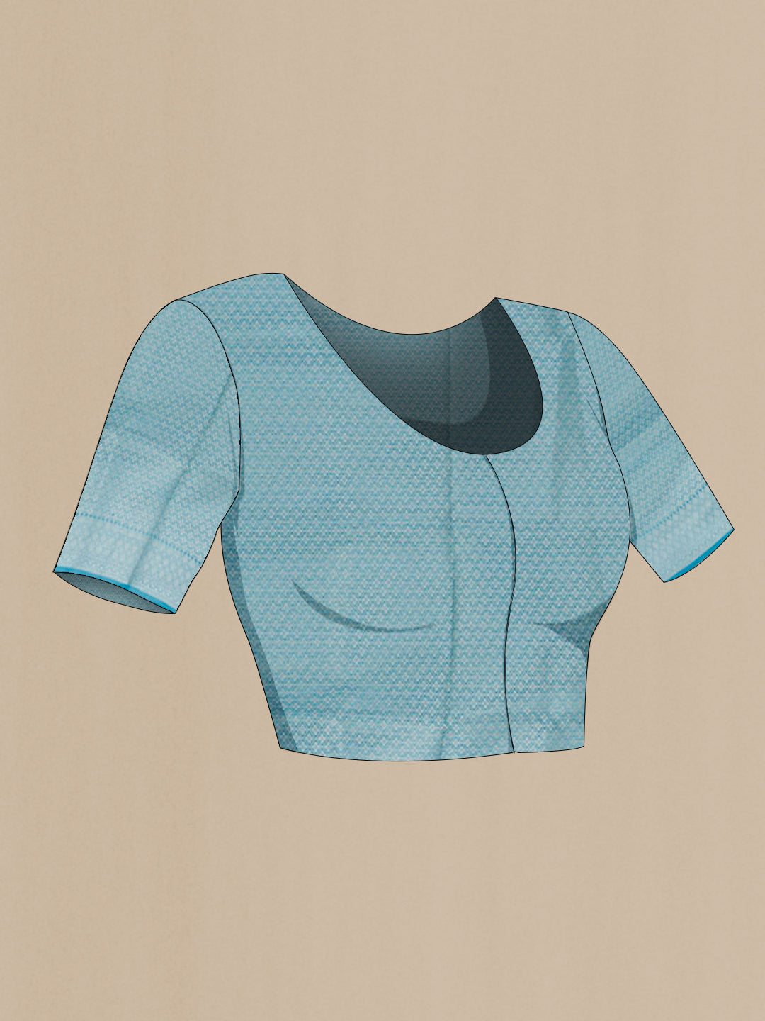 Close up image of the blouse of Blue Tussar Silk Saree with Zari Brocade on the body and Zari Border. 