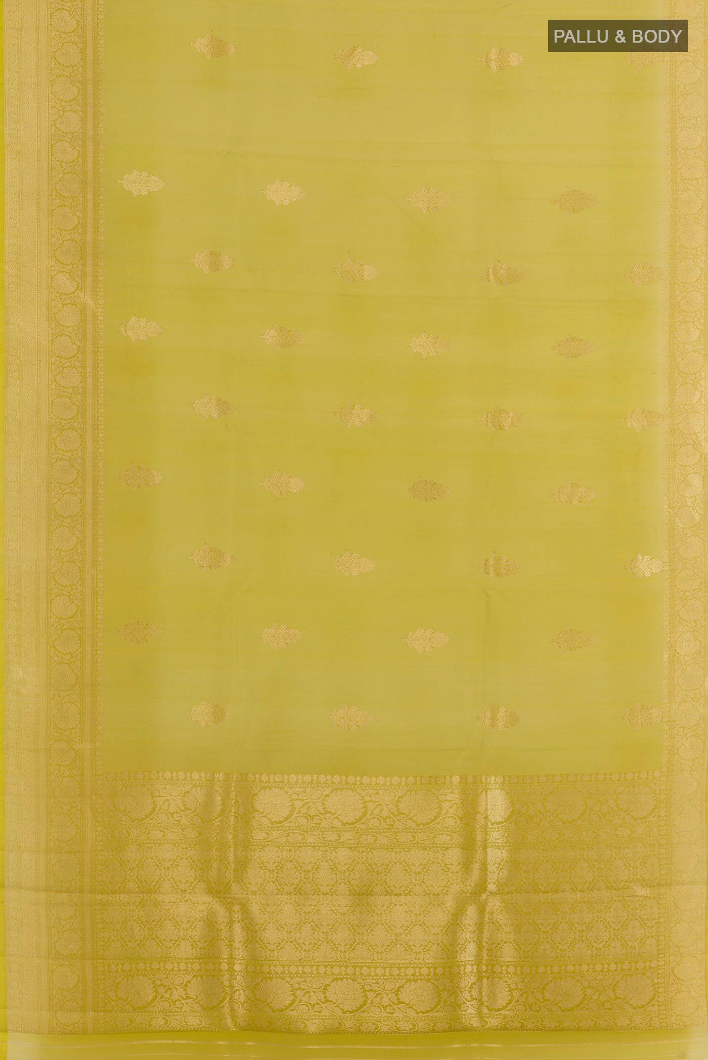 Flat view of Green Banarasi Kora Silk Saree with Zari Butta on the body and Zari Border. 