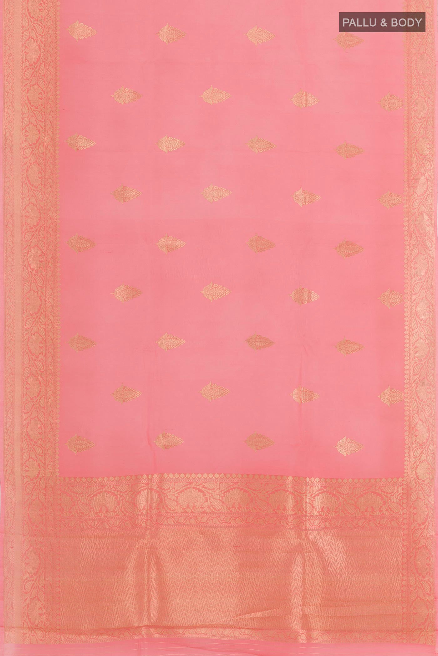 Flat view of Pink Banarasi Kora Silk Saree with Zari Butta on the body and Zari Border. 