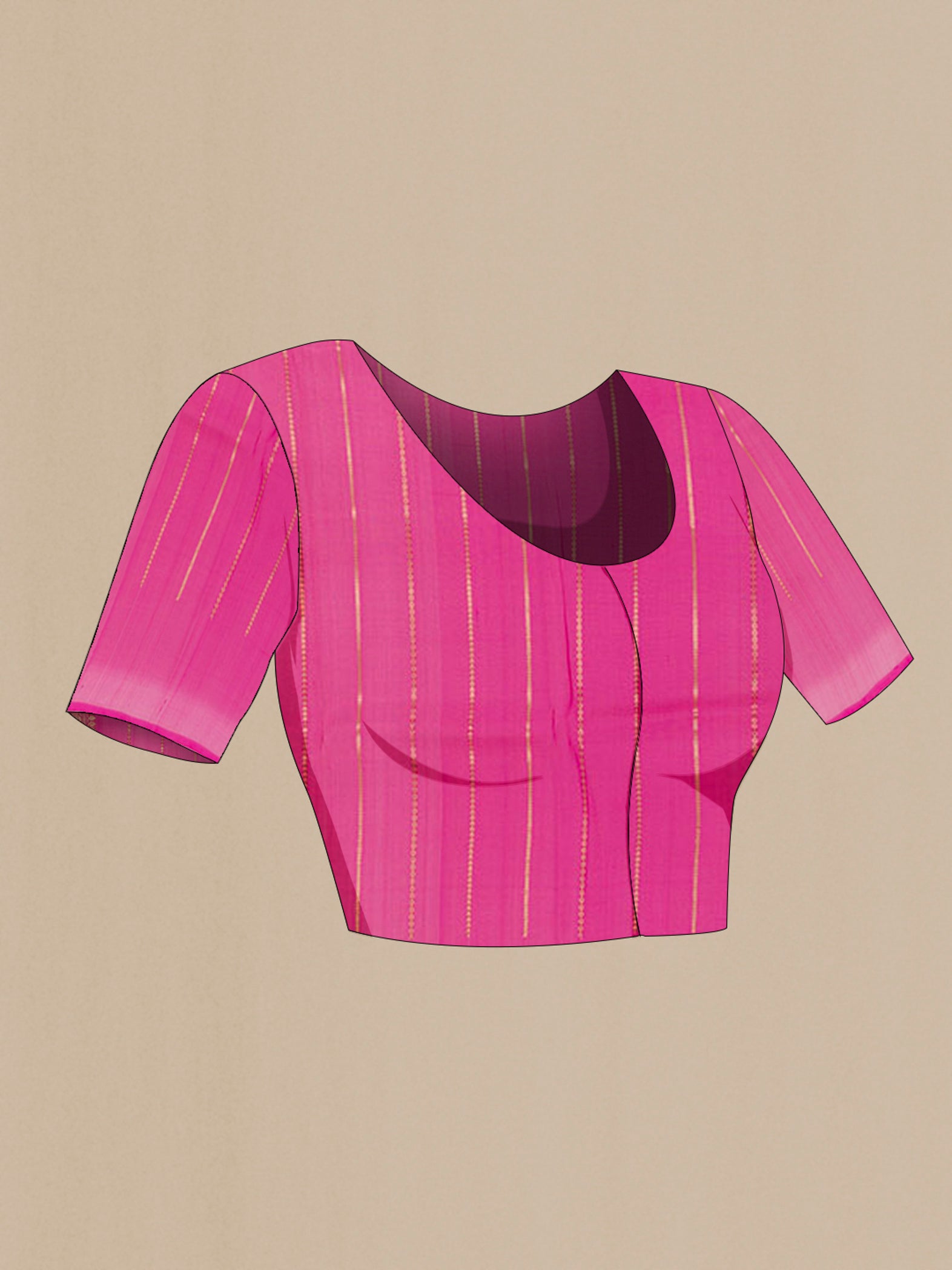 Close up image of the blouse of Pink Organza Silk Saree with Zari Butta on the body and Zari Border. 