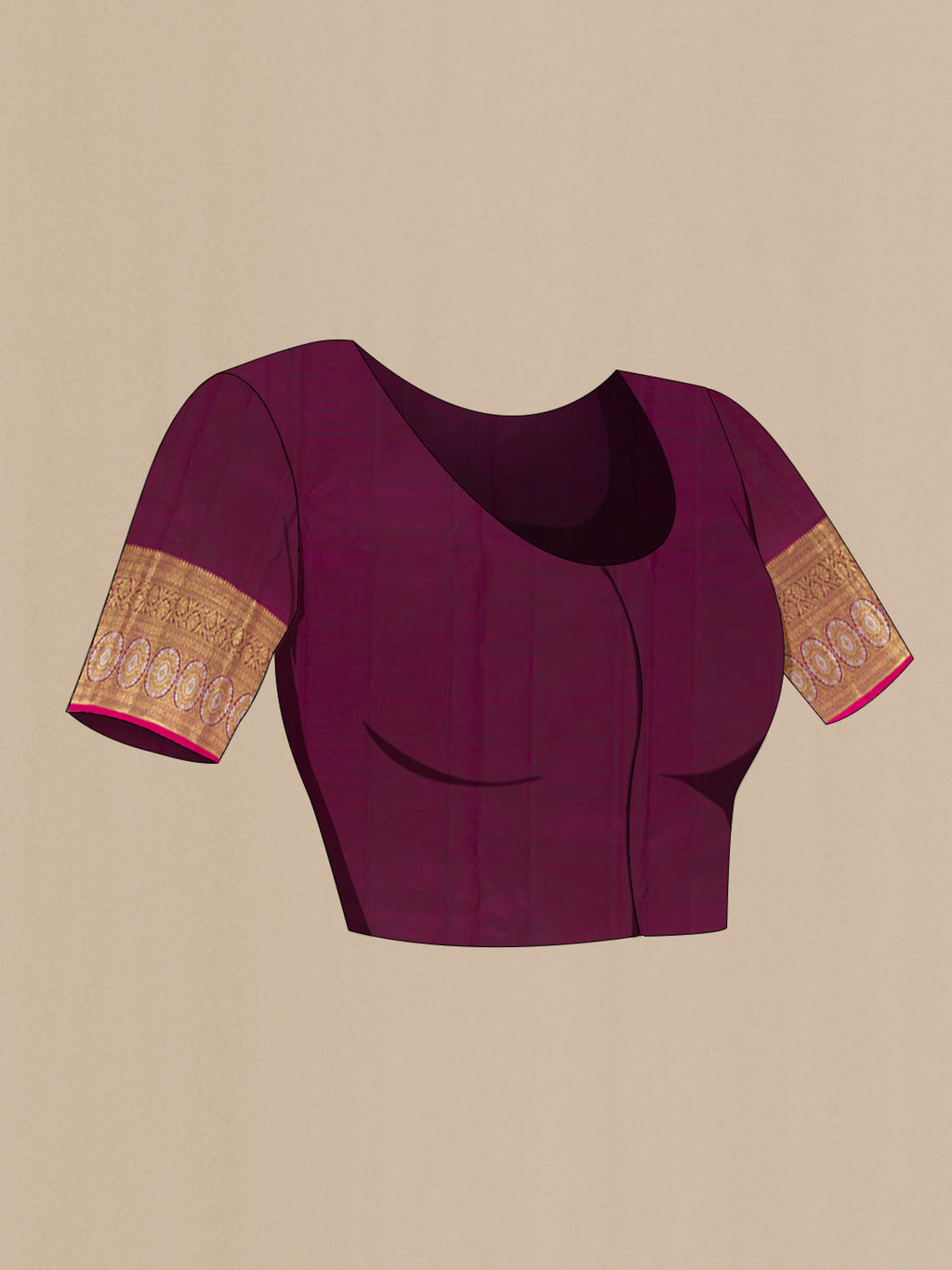 Close up image of the blouse of Purple Kanjivaram Silk Saree with Zari Butta on the body and Zari Border. 