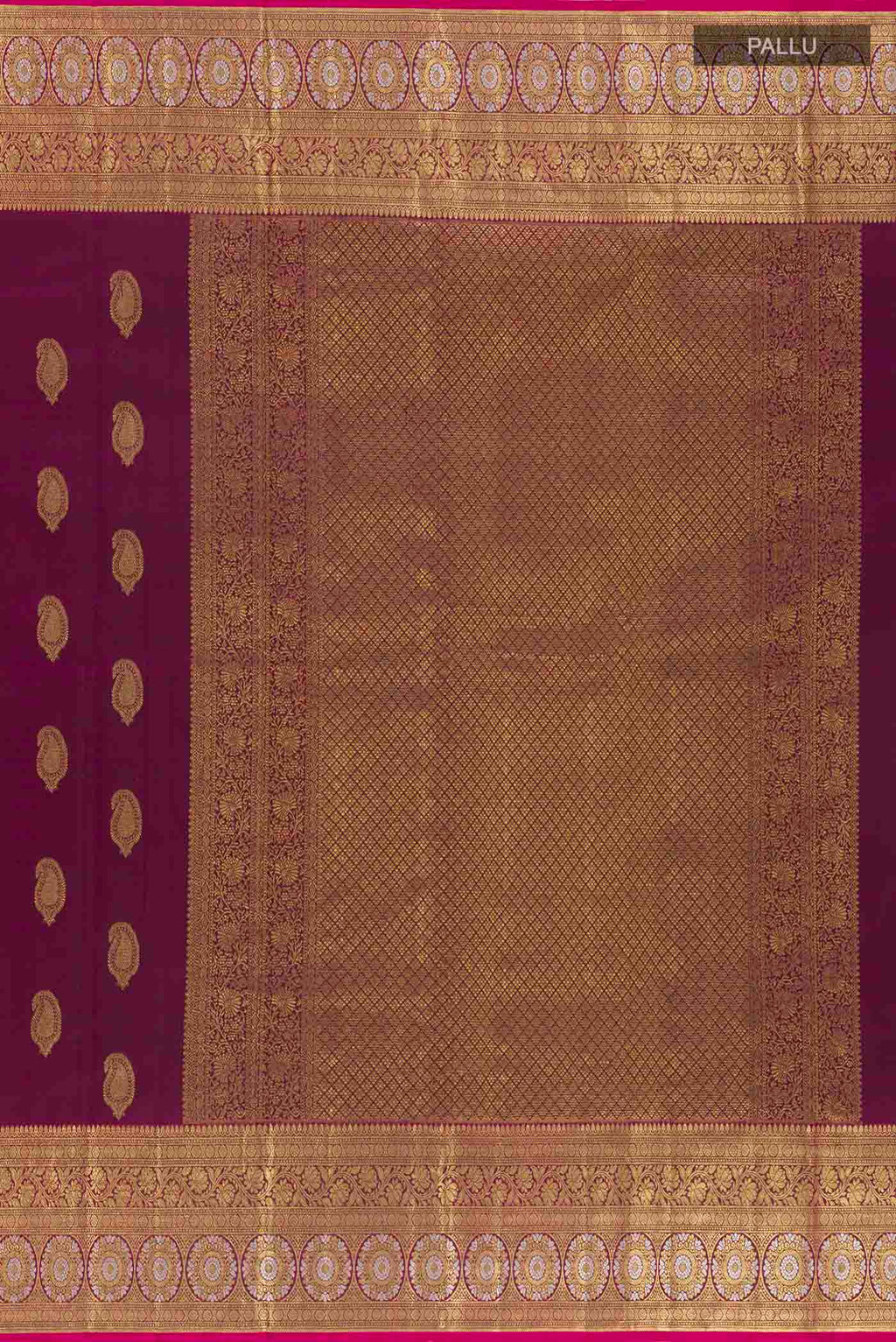 Close up image of the pallu of Purple Kanjivaram Silk Saree with Zari Butta on the body and Zari Border. 