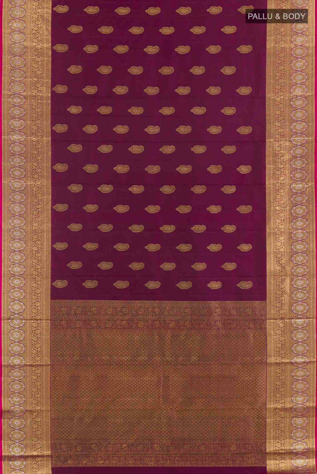 Flat view of Purple Kanjivaram Silk Saree with Zari Butta on the body and Zari Border. 