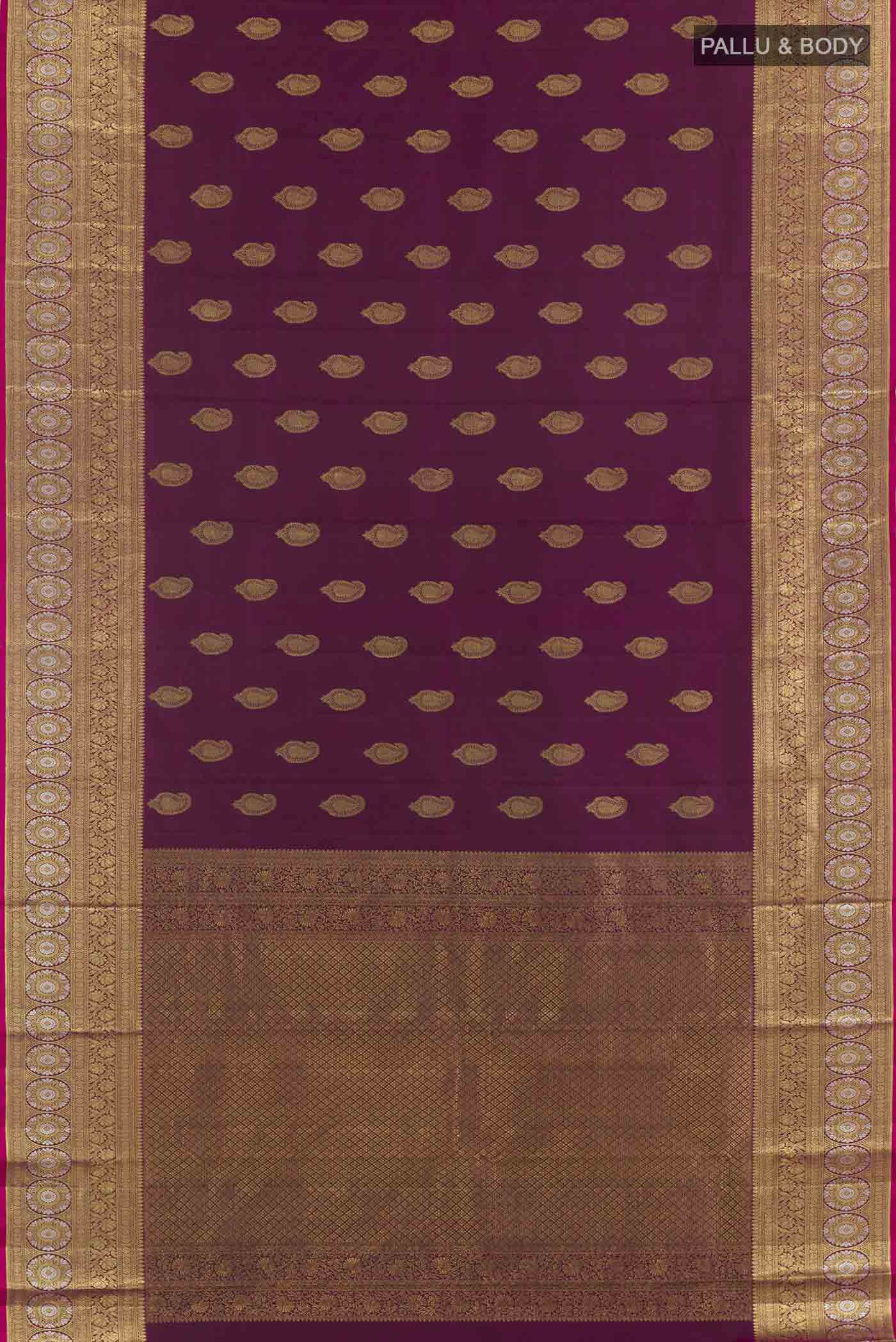 Flat view of Purple Kanjivaram Silk Saree with Zari Butta on the body and Zari Border. 