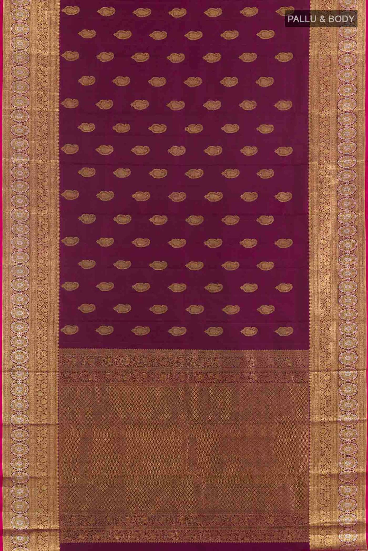 Flat view of Purple Kanjivaram Silk Saree with Zari Butta on the body and Zari Border. 
