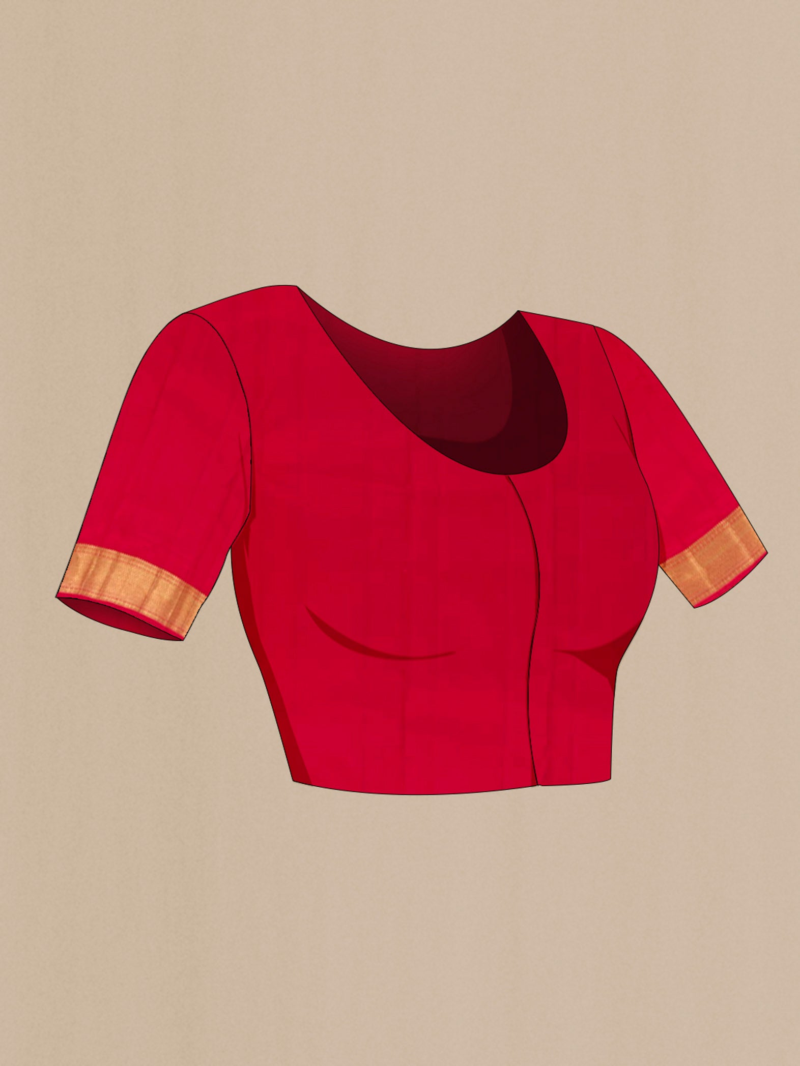 Close up image of the blouse of Golden Kanchipuram Silk Saree with Zari Brocade on the body and Ganga Jamuna Border. 