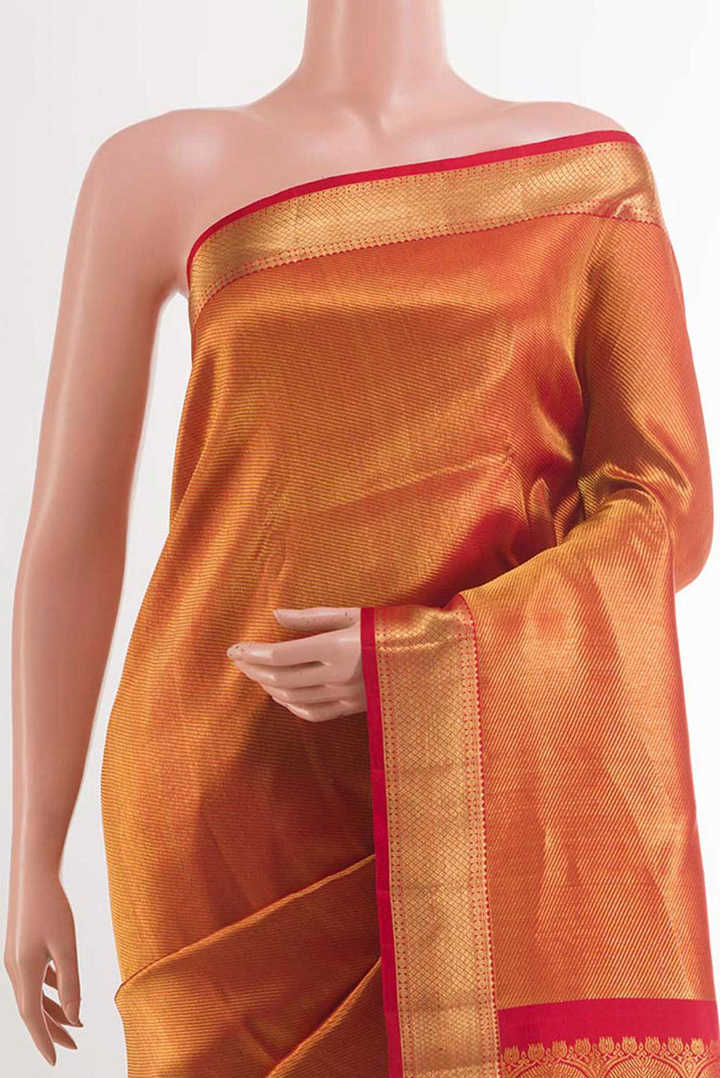 Border image of Golden Kanchipuram Silk Saree with Zari Brocade on the body and Ganga Jamuna Border. 