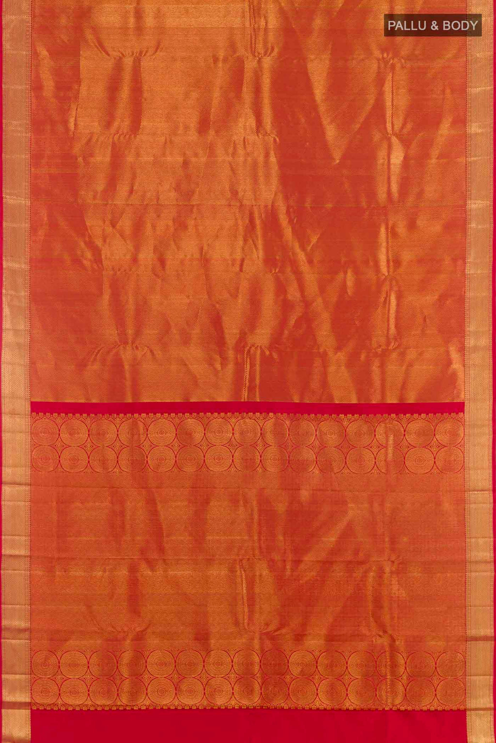 Flat view of Golden Kanchipuram Silk Saree with Zari Brocade on the body and Ganga Jamuna Border. 