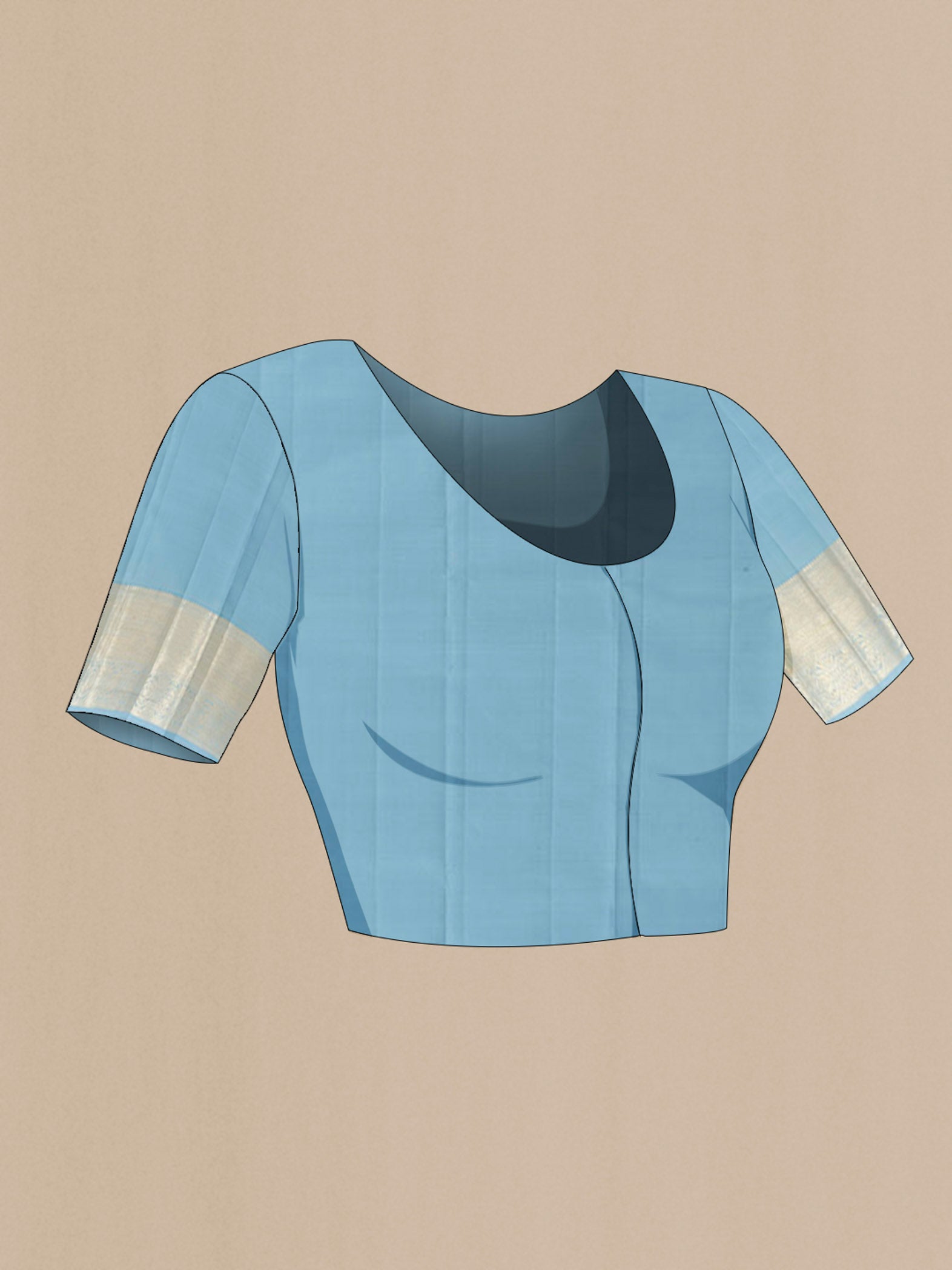 Close up image of the blouse of Blue Kanchipuram Silk Saree with Zari Brocade on the body and Zari Border. 