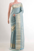 Blue Kanchipuram Silk Saree with Zari Brocade on the body and Zari Border.  displayed on a mannequin