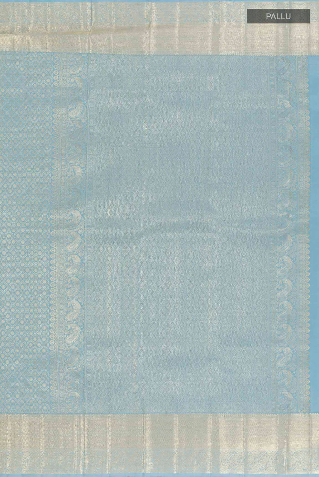 Close up image of the pallu of Blue Kanchipuram Silk Saree with Zari Brocade on the body and Zari Border. 