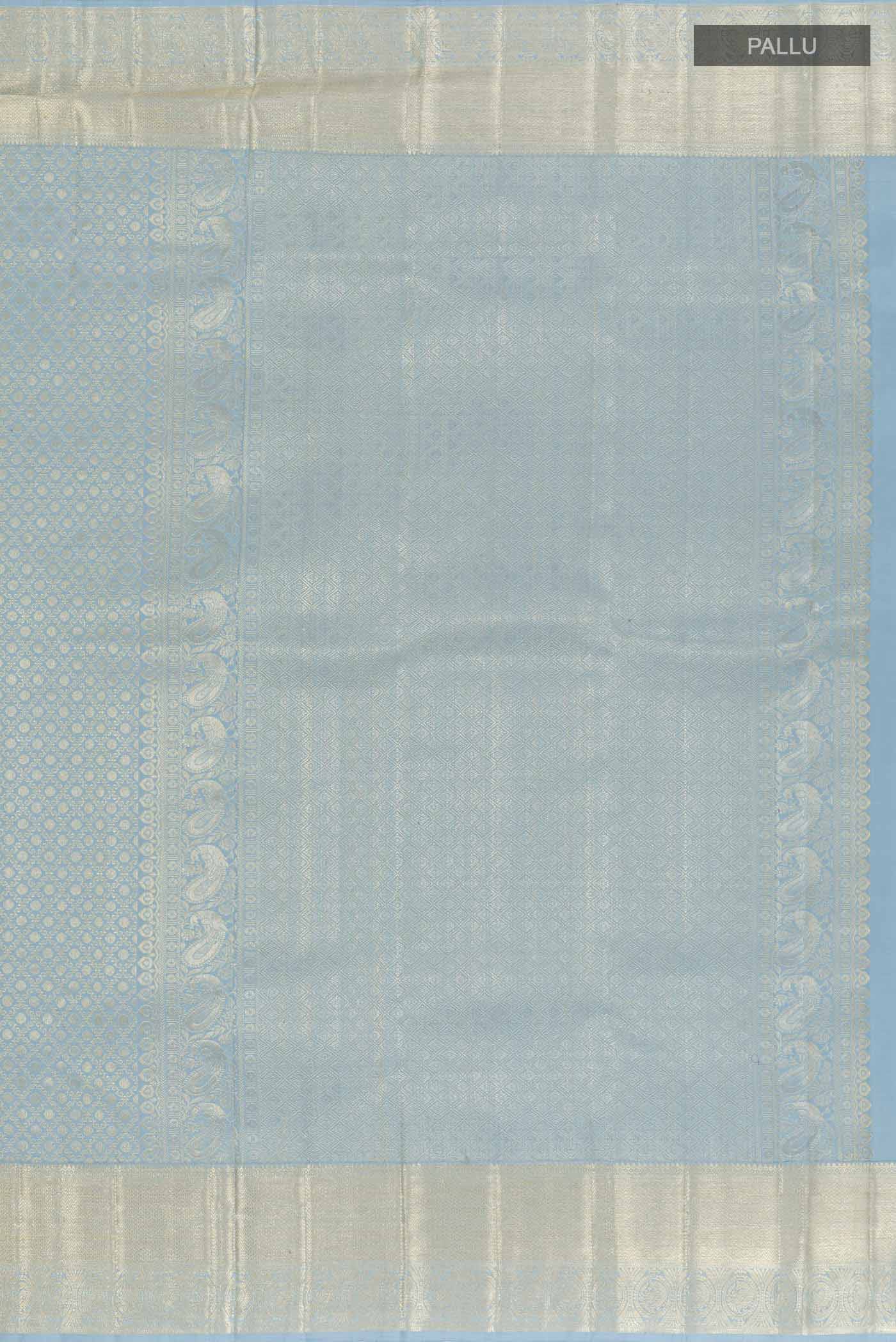 Close up image of the pallu of Blue Kanchipuram Silk Saree with Zari Brocade on the body and Zari Border. 