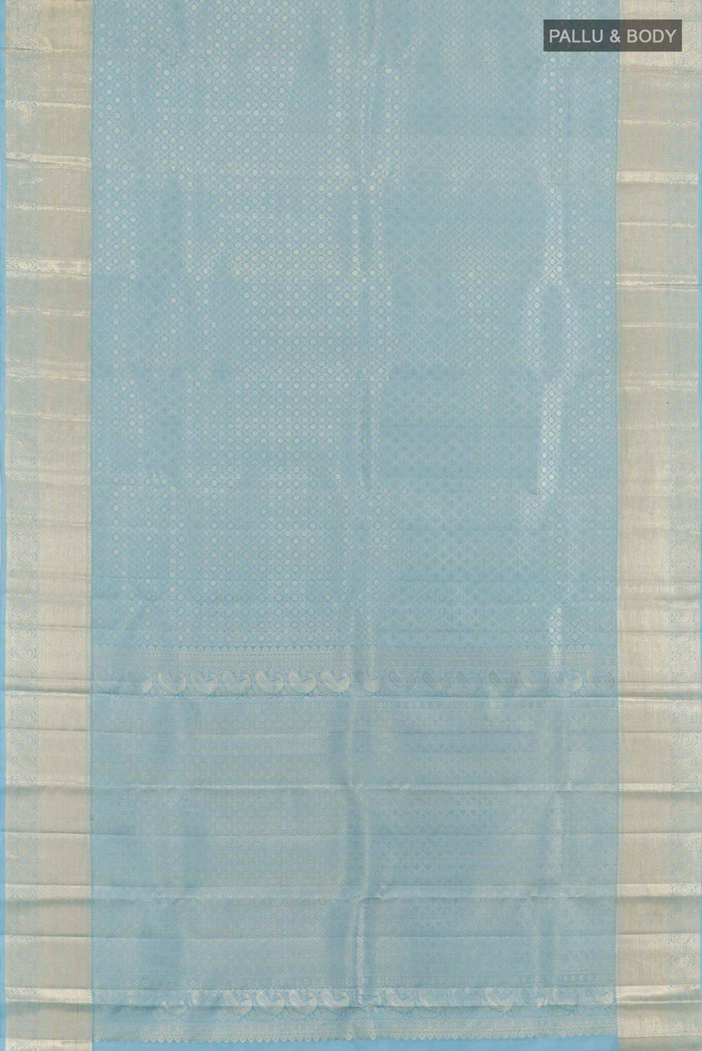 Flat view of Blue Kanchipuram Silk Saree with Zari Brocade on the body and Zari Border. 